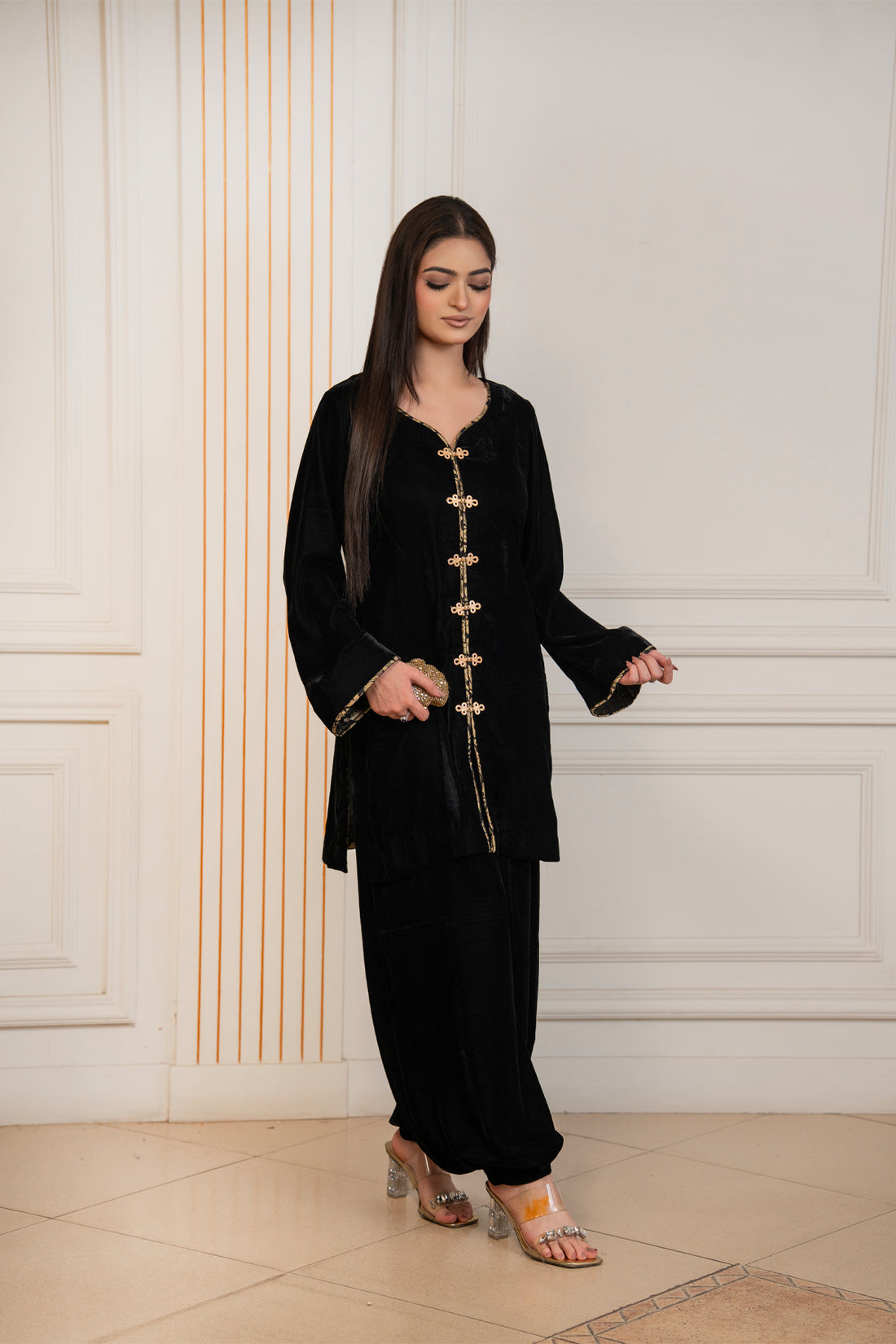 Noir Charm black pure velvet winter co-ord set with gold front and cuff detailing by MariamRaj