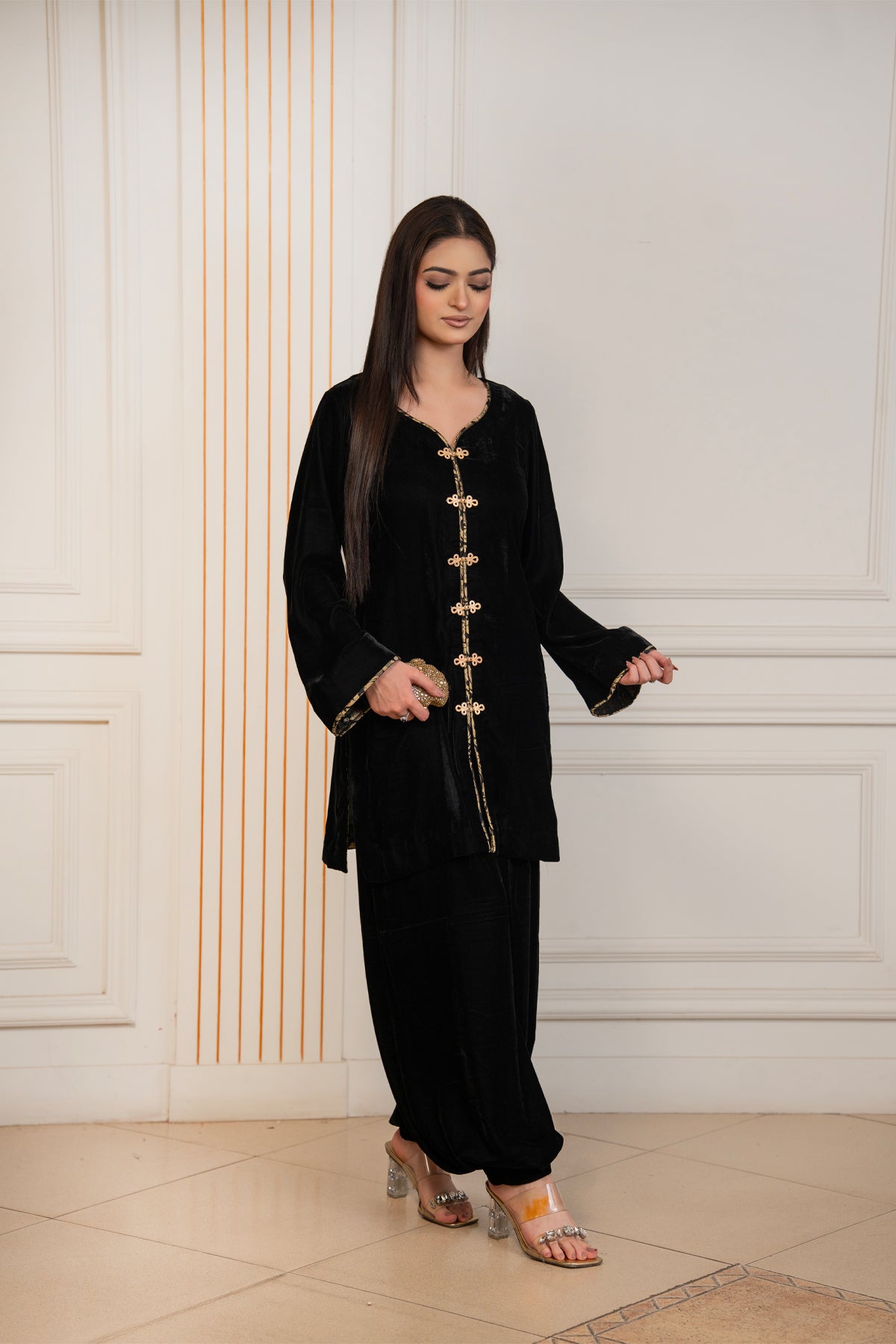 Noir Charm black pure velvet winter co-ord set with gold front and cuff detailing by MariamRaj