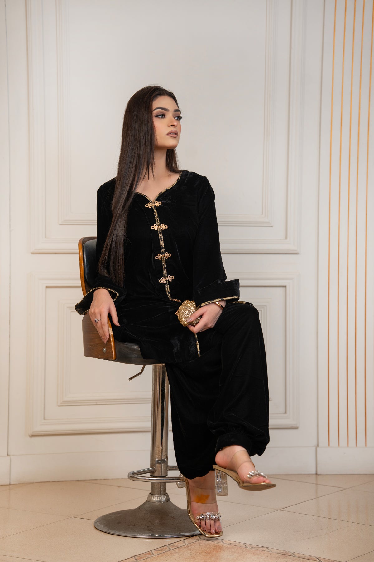 Noir Charm black pure velvet winter co-ord set with gold front and cuff detailing by MariamRaj