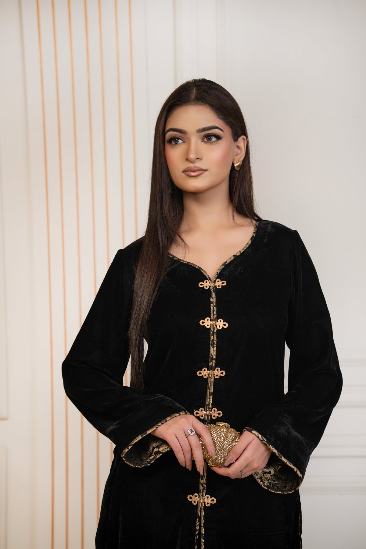 Noir Charm black pure velvet winter co-ord set with gold front and cuff detailing by MariamRaj