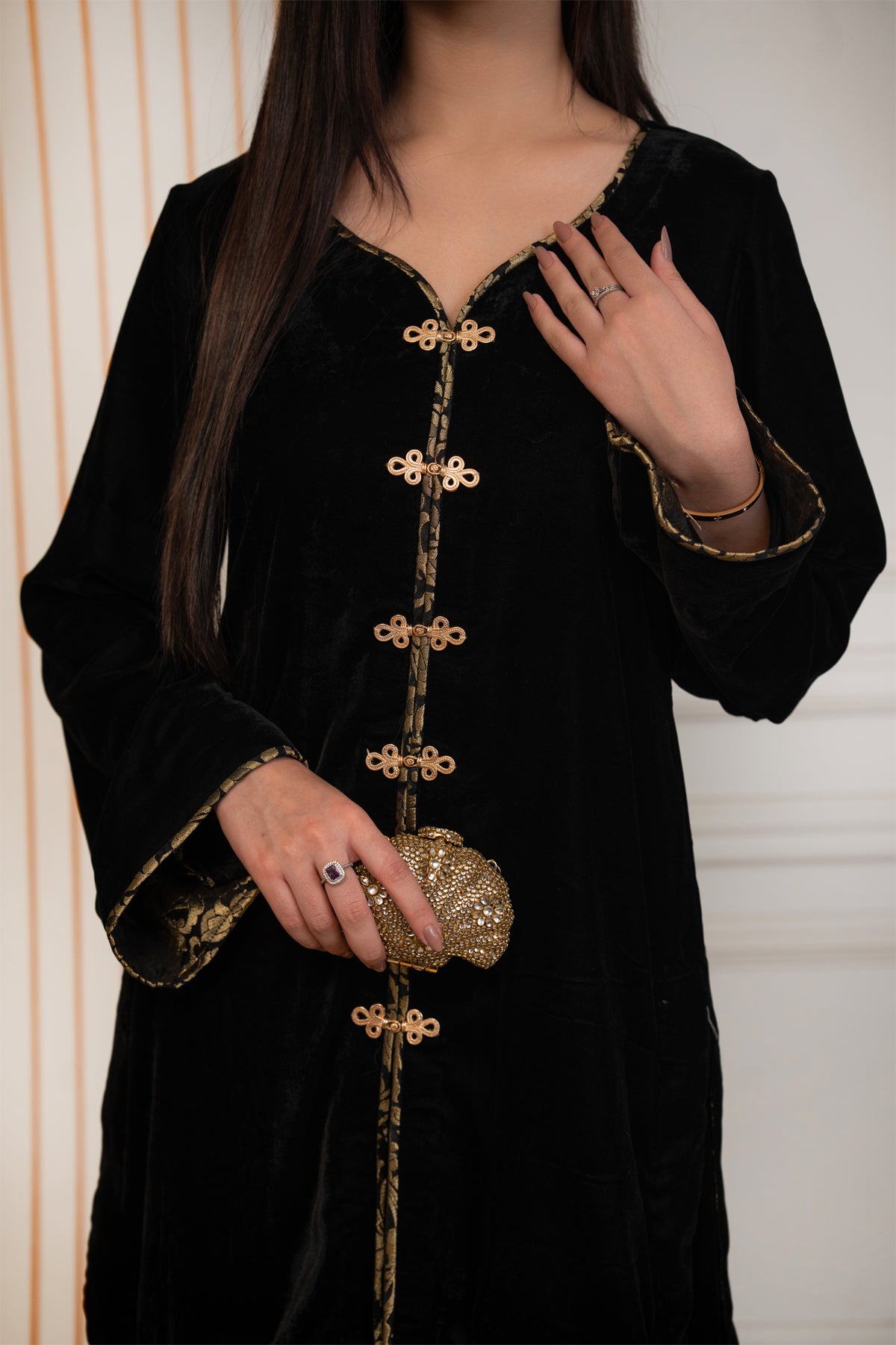 Noir Charm black pure velvet winter co-ord set with gold front and cuff detailing by MariamRaj