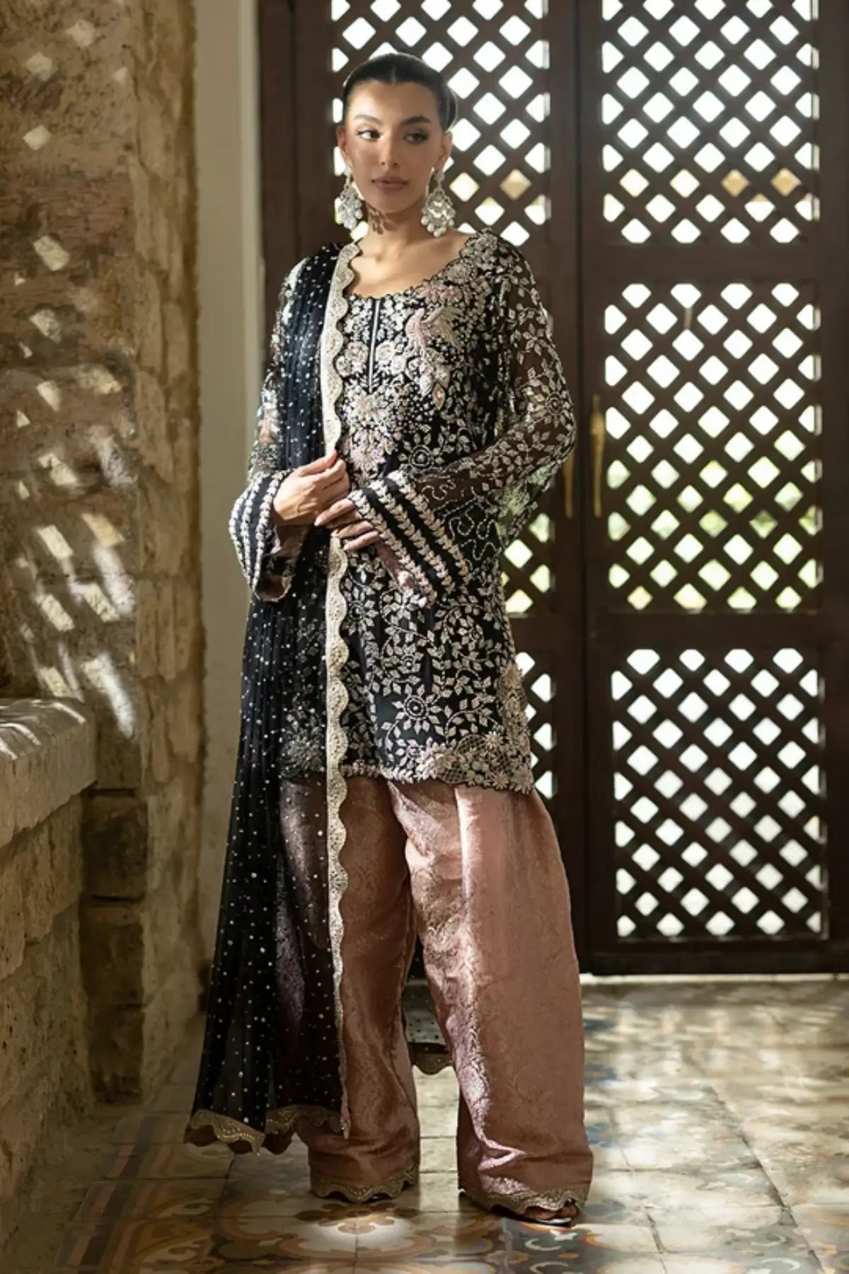 Noirelle black Mukesh chiffon embroidered stitched formal suit with Zardozi detailing, Jamawar shalwar and chiffon dupatta