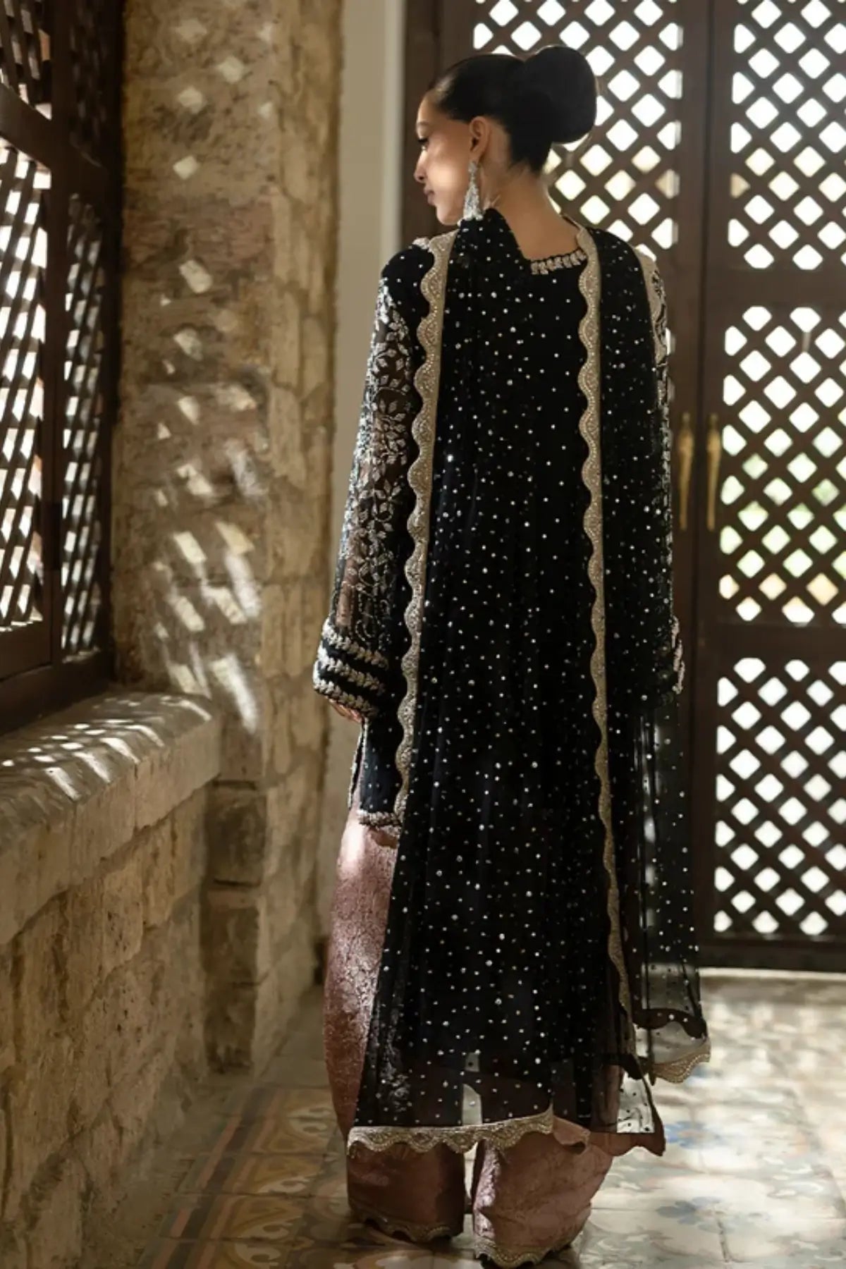 Noirelle black Mukesh chiffon embroidered stitched formal suit with Zardozi detailing, Jamawar shalwar and chiffon dupatta