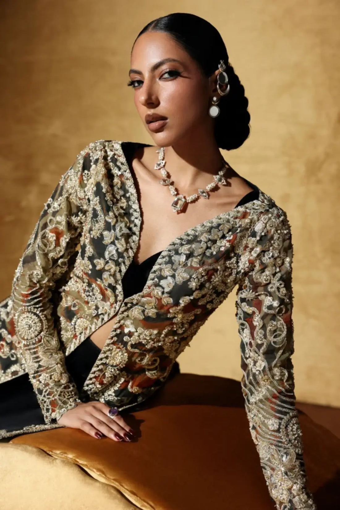 Noirelle by Soraya black hand embellished organza formal dress with front-open shirt and black pants