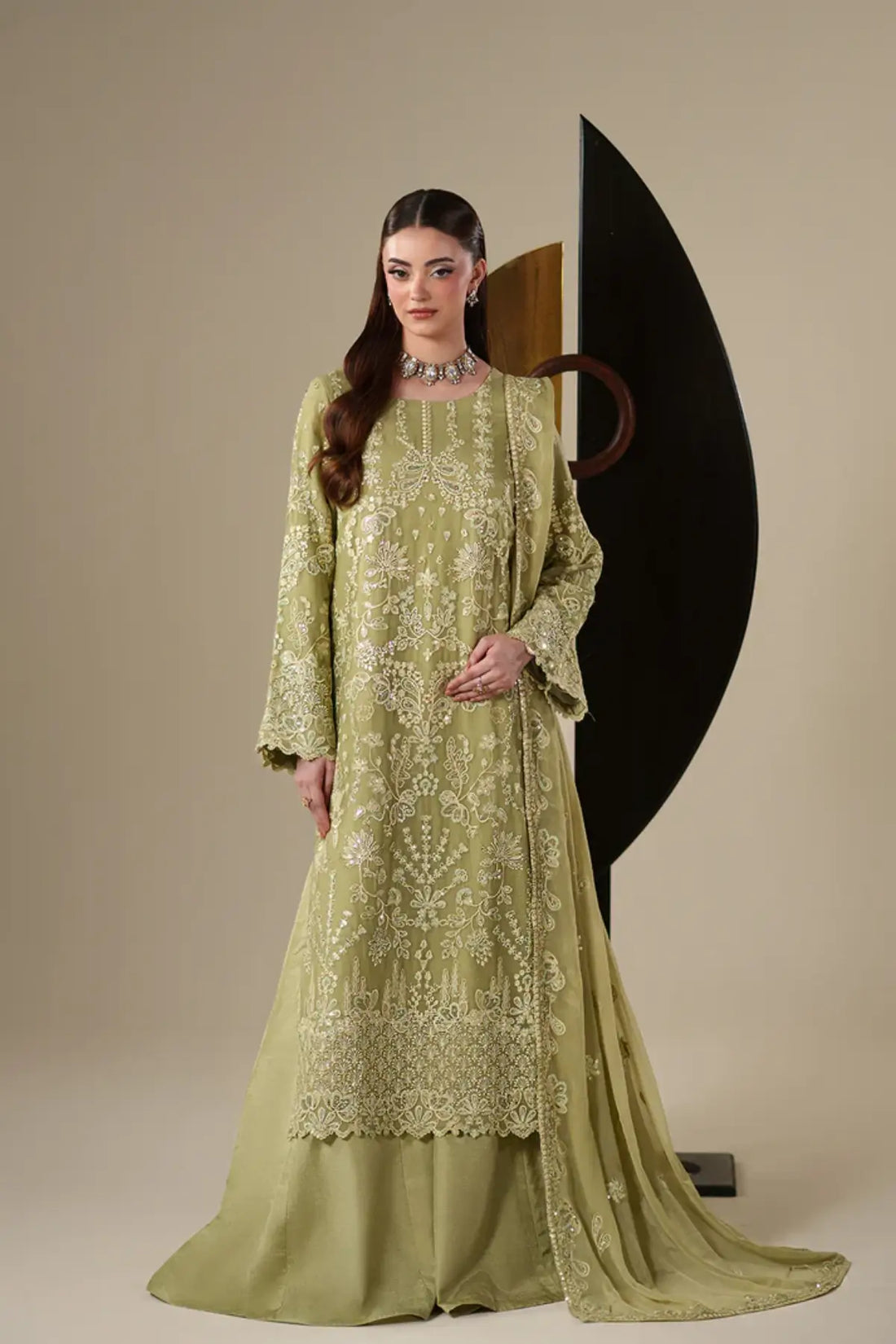 Nola Emaan Adeel Nouvelle Luxury Chiffon Olive Embroidered Stitched 3PC Suit | Pakistanimoda