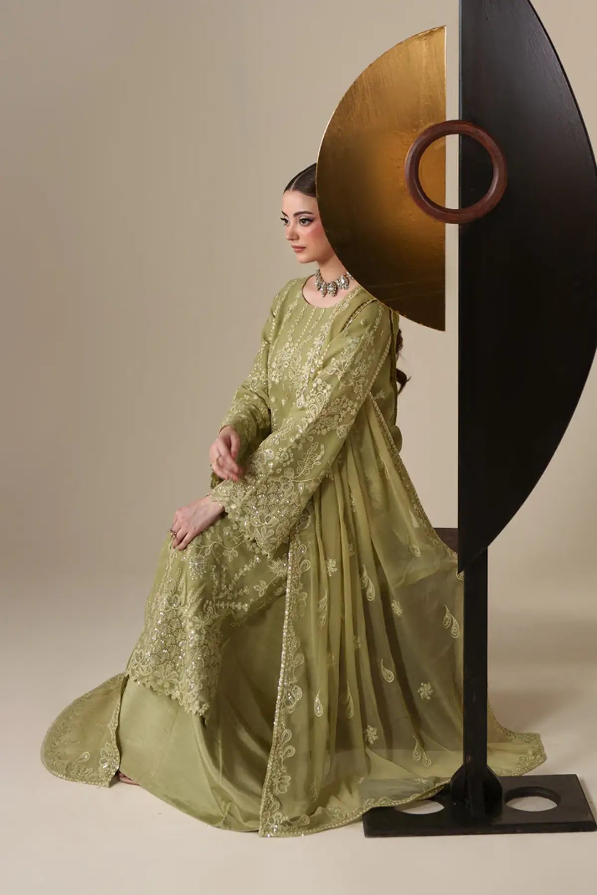 Nola Emaan Adeel Nouvelle Luxury Chiffon Olive Embroidered Stitched 3PC Suit | Pakistanimoda