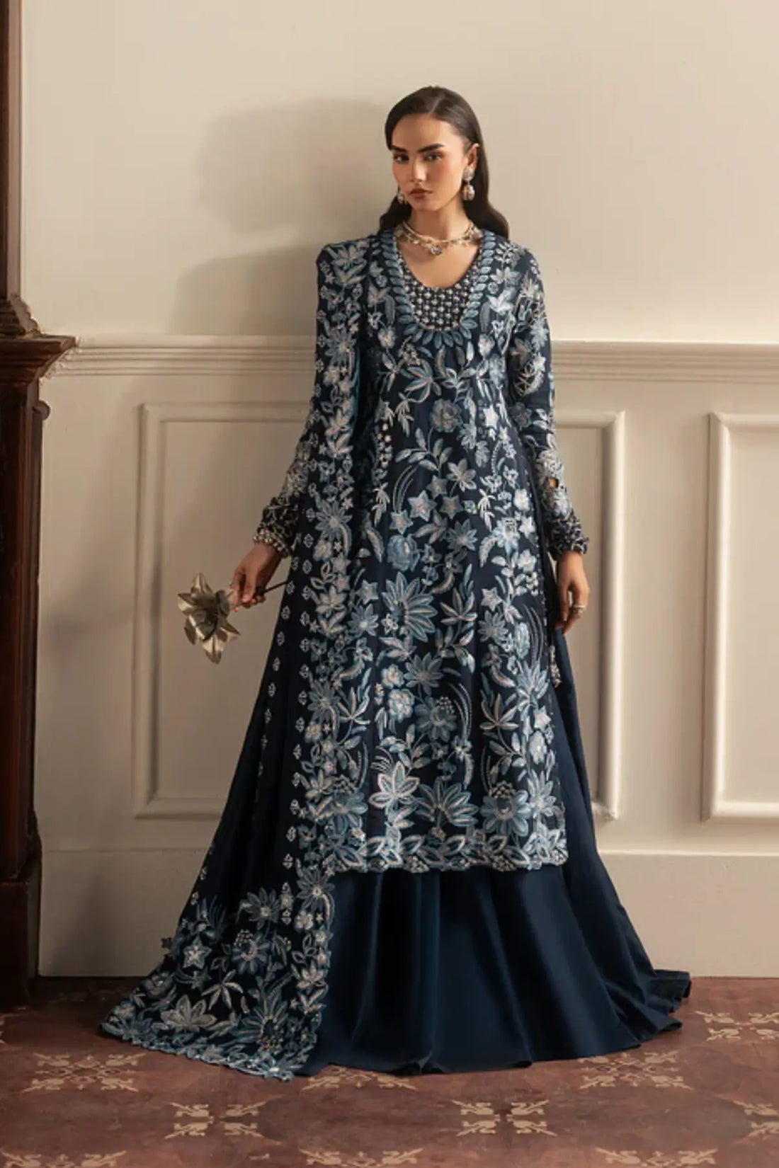 Noor Bleu by Sadaf Fawad Khan navy Korean raw silk pishwas from Roya Lumière Collection