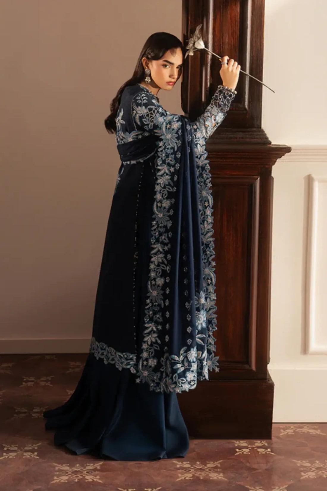 Noor Bleu by Sadaf Fawad Khan navy Korean raw silk pishwas from Roya Lumière Collection