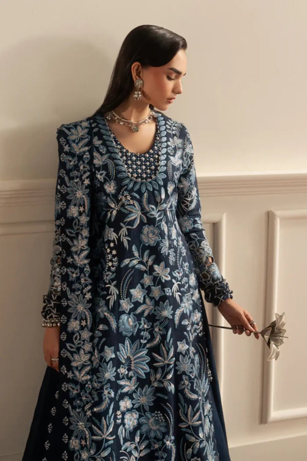 Noor Bleu by Sadaf Fawad Khan navy Korean raw silk pishwas from Roya Lumière Collection