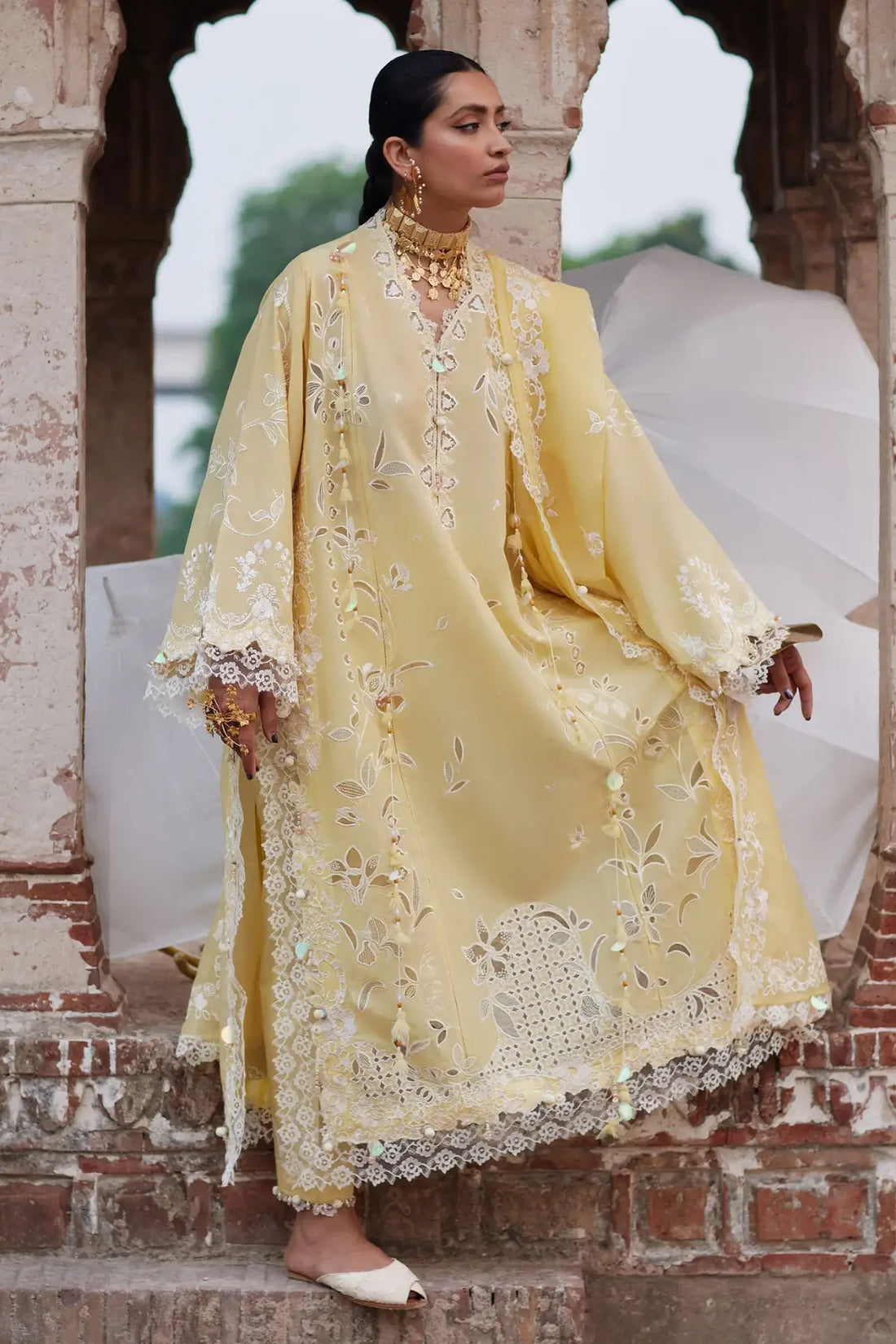 Noorai EL26-06 B saffron yellow Élan Lawn'26 stitched 3PC suit with cotton net dupatta