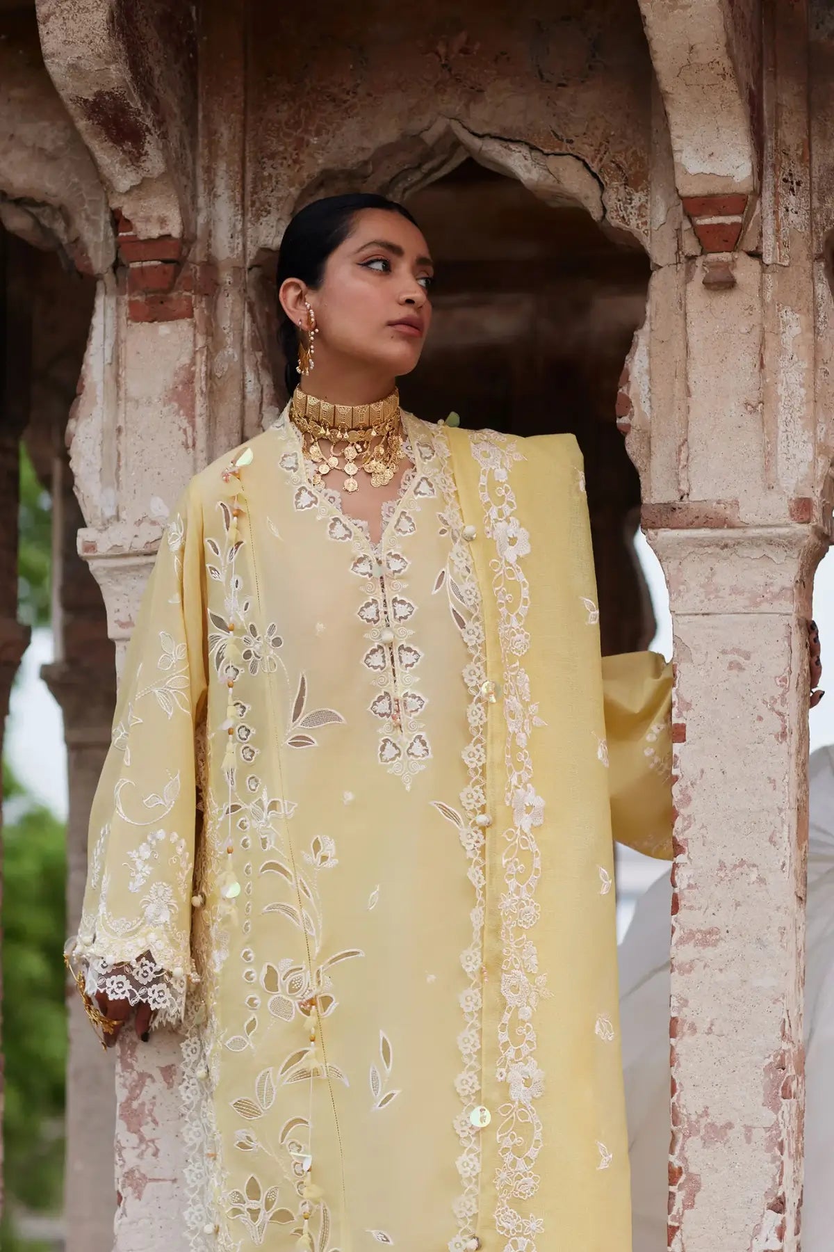 Noorai EL26-06 B saffron yellow Élan Lawn'26 stitched 3PC suit with cotton net dupatta