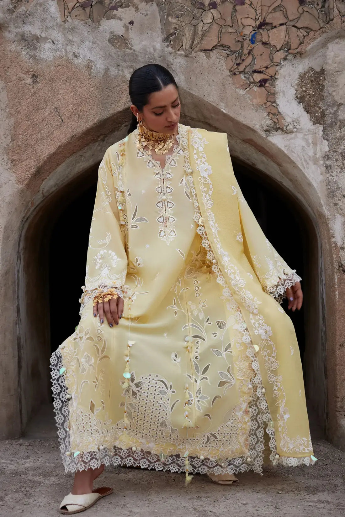Noorai EL26-06 B saffron yellow Élan Lawn'26 stitched 3PC suit with cotton net dupatta