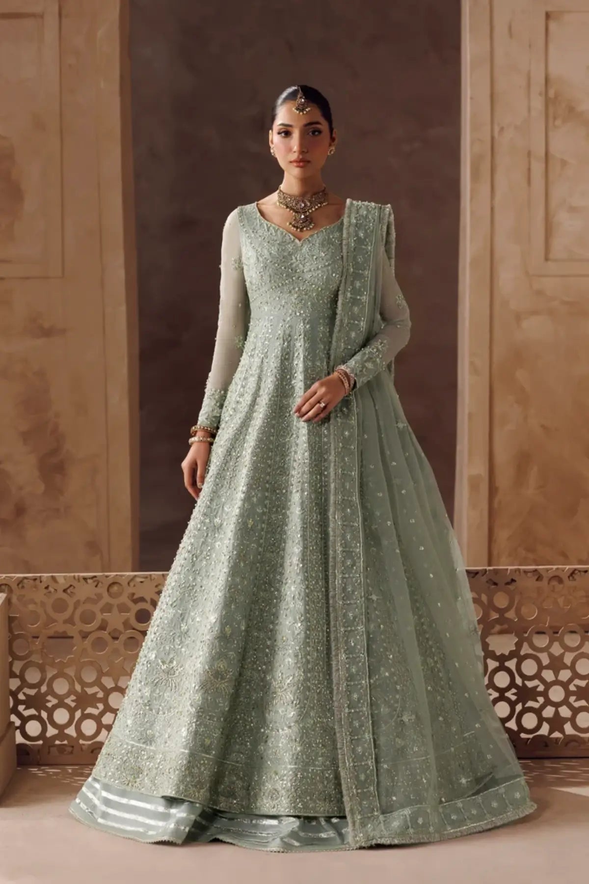 Noorain sage green handworked organza bridal stitched Anarkali with embellished net dupatta, Riwayat Bridal Edit 26
