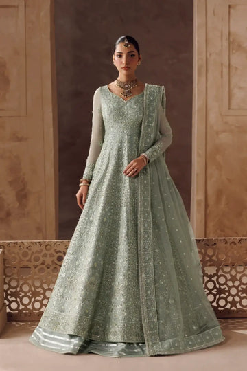 Noorain sage green handworked organza bridal stitched Anarkali with embellished net dupatta, Riwayat Bridal Edit 26