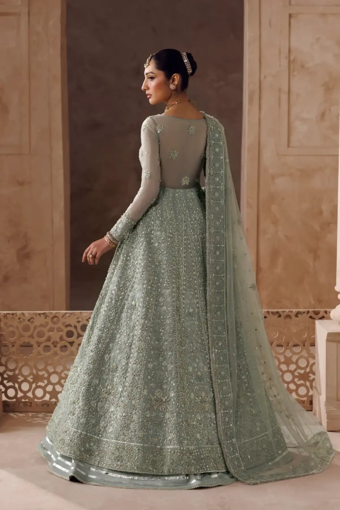Noorain sage green handworked organza bridal stitched Anarkali with embellished net dupatta, Riwayat Bridal Edit 26