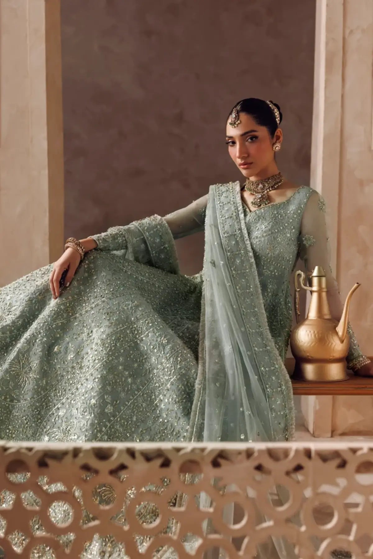 Noorain sage green handworked organza bridal stitched Anarkali with embellished net dupatta, Riwayat Bridal Edit 26