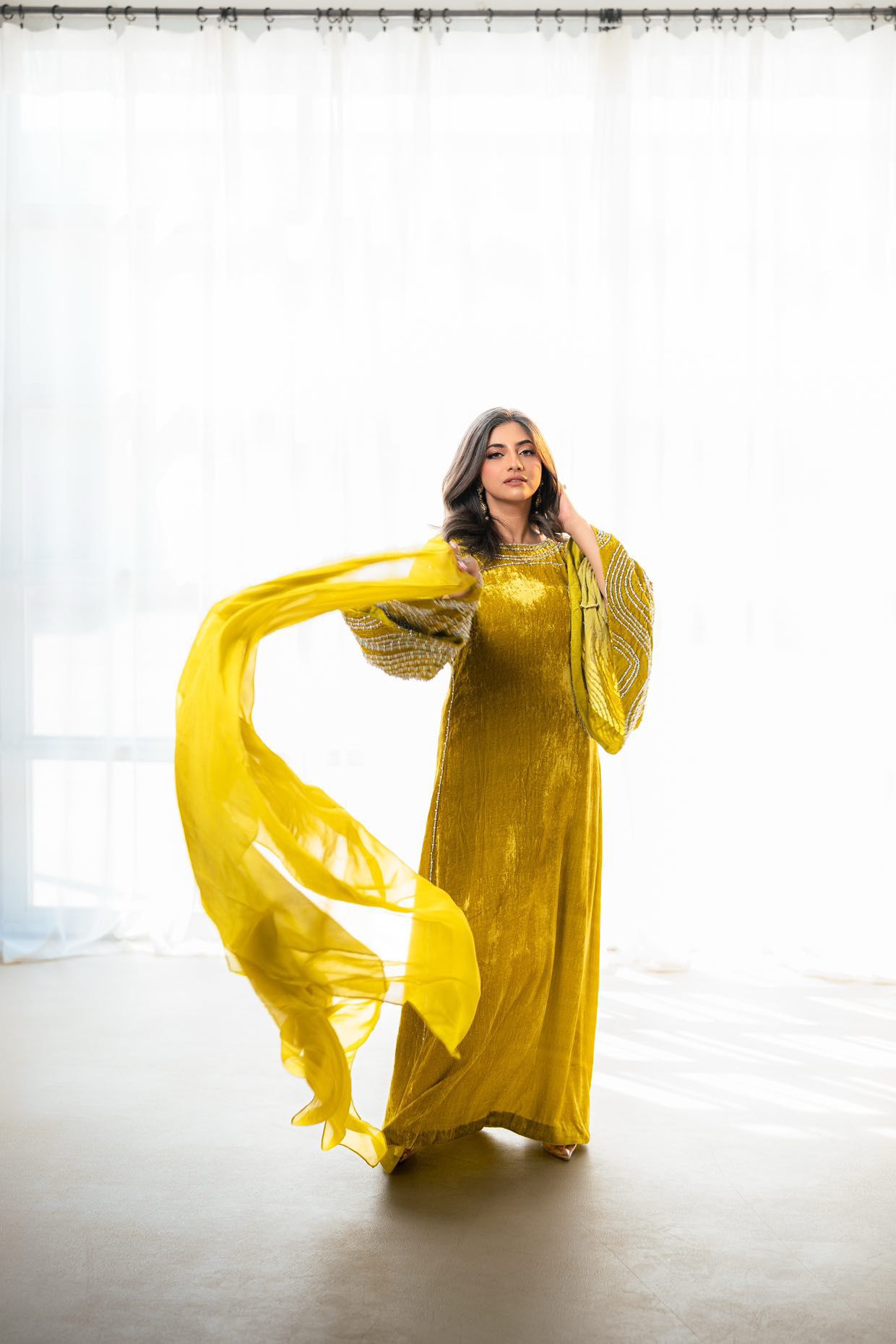 Nooraya – Luxury Velvet Lime Green Kaftan for Festive Occasions