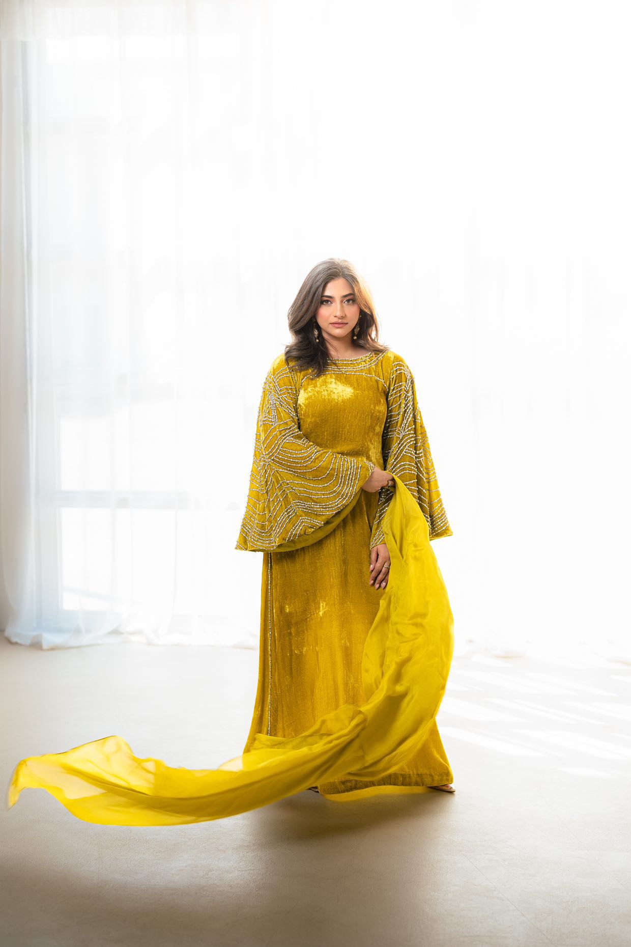 Nooraya – Luxury Velvet Lime Green Kaftan for Festive Occasions