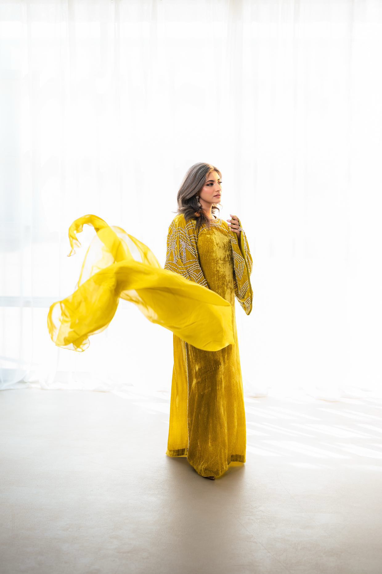 Nooraya – Luxury Velvet Lime Green Kaftan for Festive Occasions