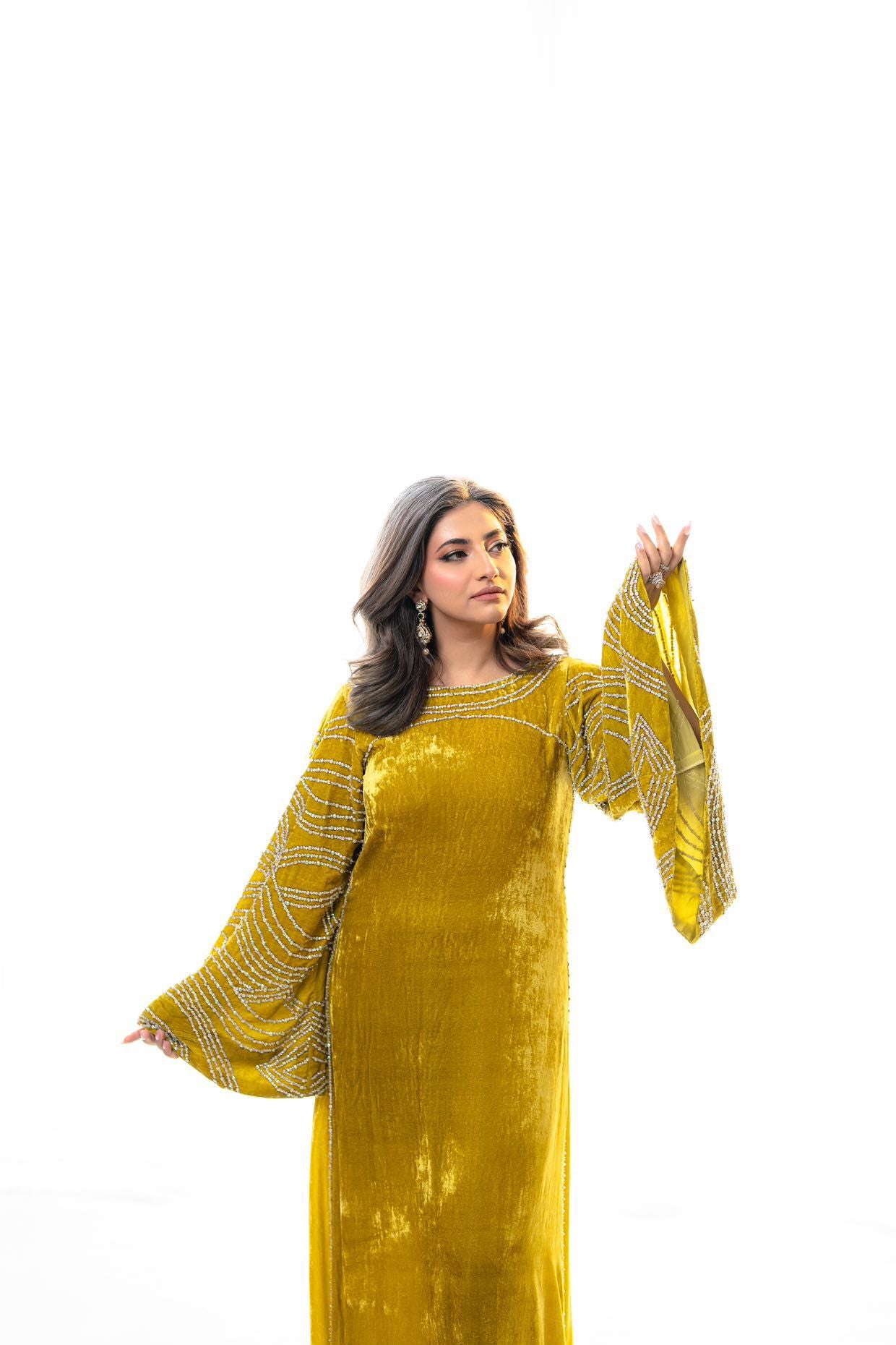 Nooraya – Luxury Velvet Lime Green Kaftan for Festive Occasions