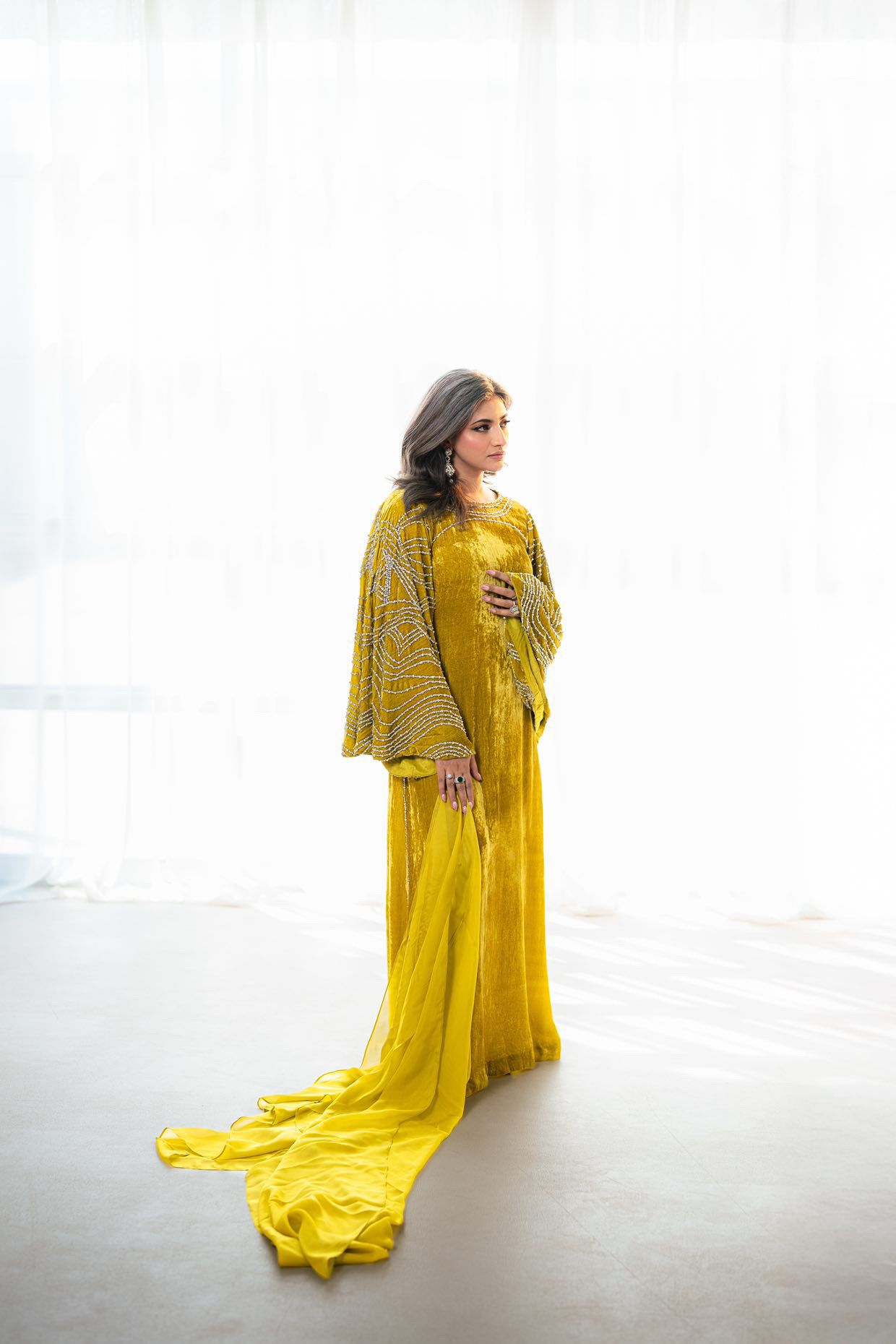 Nooraya – Luxury Velvet Lime Green Kaftan for Festive Occasions