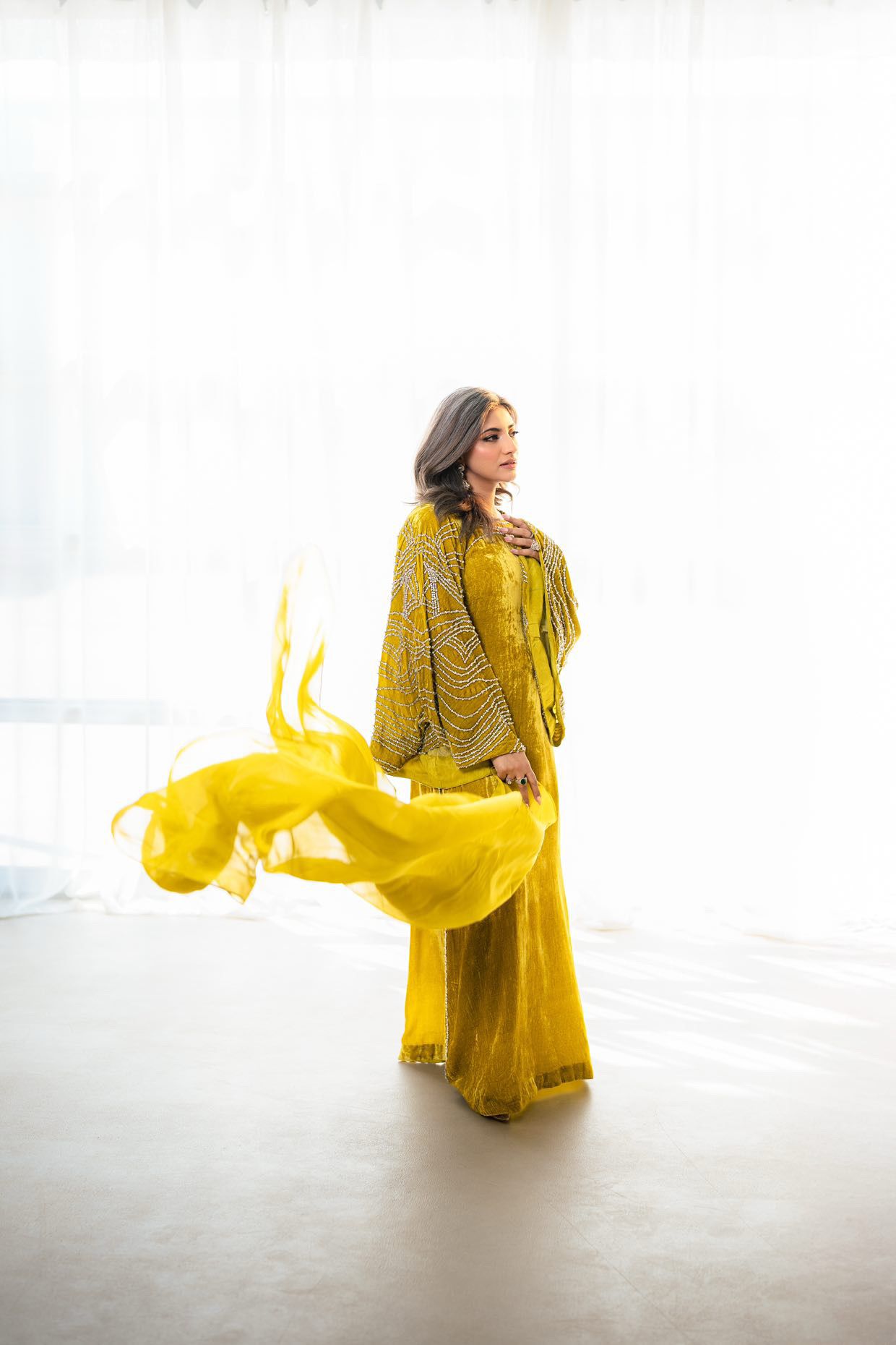 Nooraya – Luxury Velvet Lime Green Kaftan for Festive Occasions