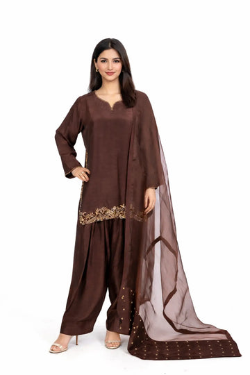 Nooré brown Korean silk Pakistani suit with handmade embroidery and Swarovski organza dupatta by MariamRaj