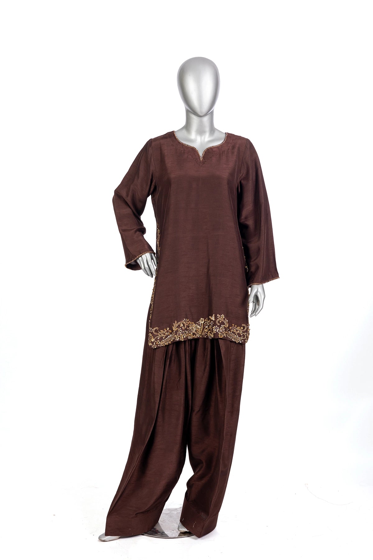 Nooré brown Korean silk Pakistani suit with handmade embroidery and Swarovski organza dupatta by MariamRaj