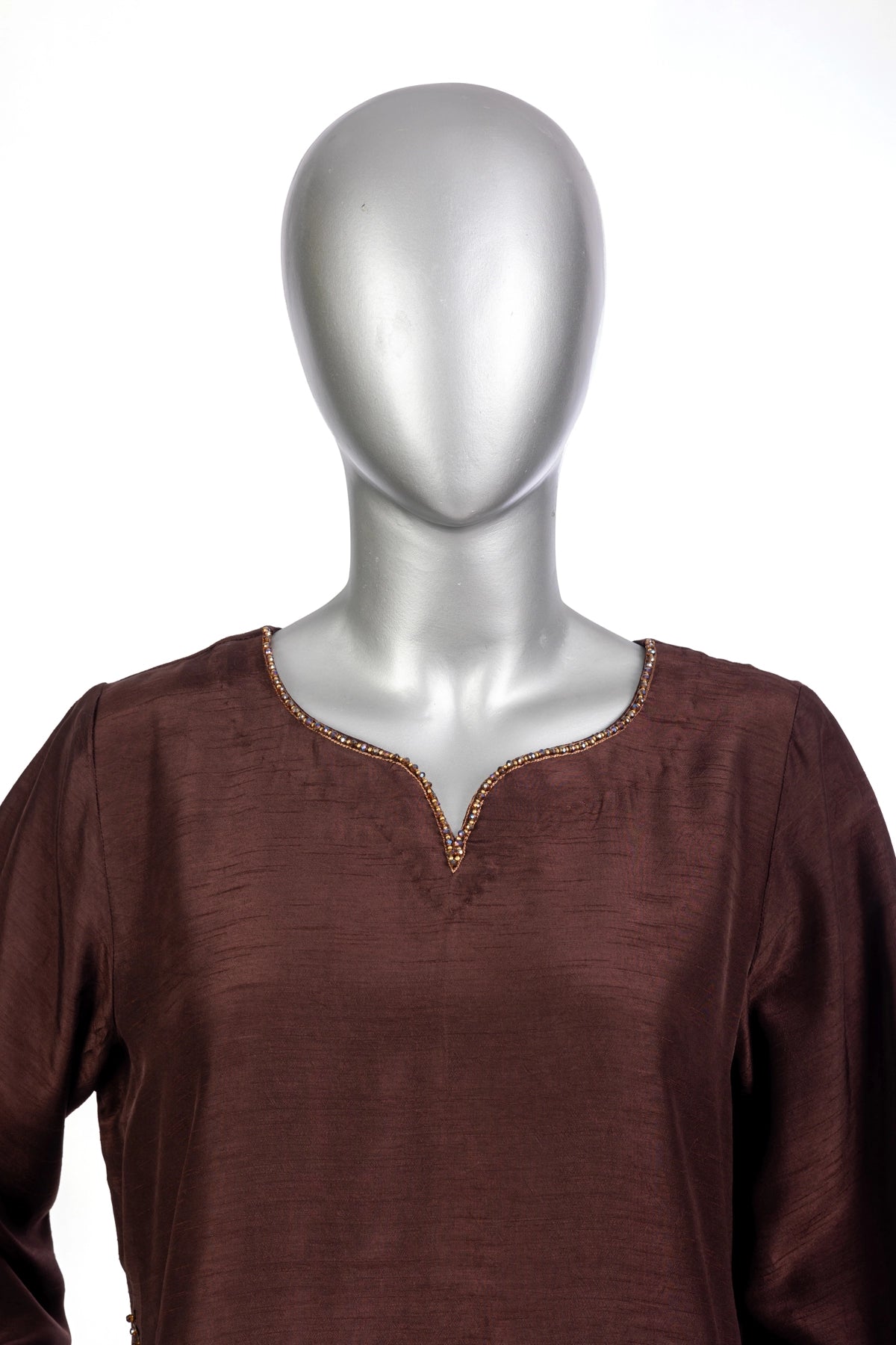 Nooré brown Korean silk Pakistani suit with handmade embroidery and Swarovski organza dupatta by MariamRaj