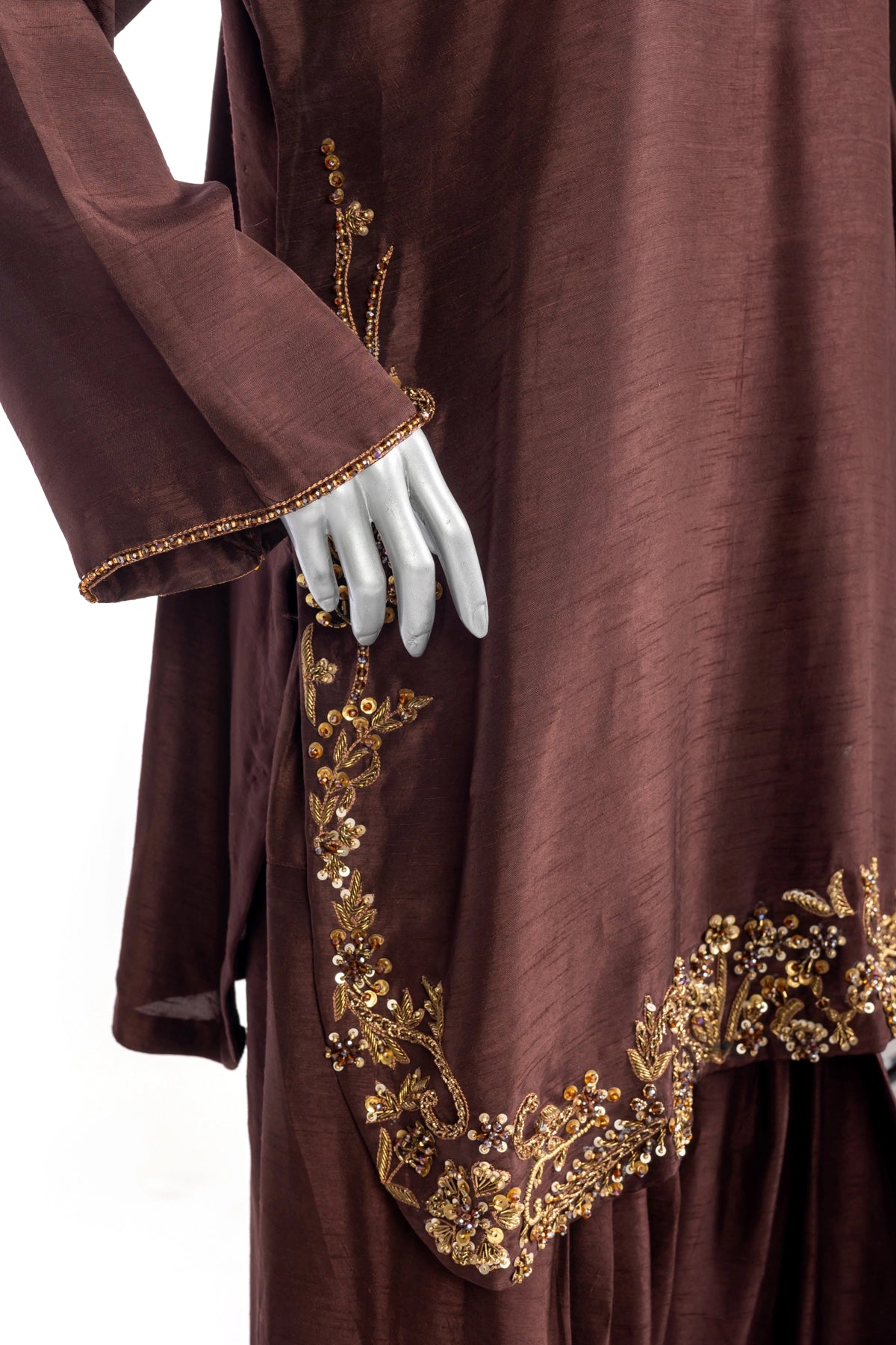Nooré brown Korean silk Pakistani suit with handmade embroidery and Swarovski organza dupatta by MariamRaj