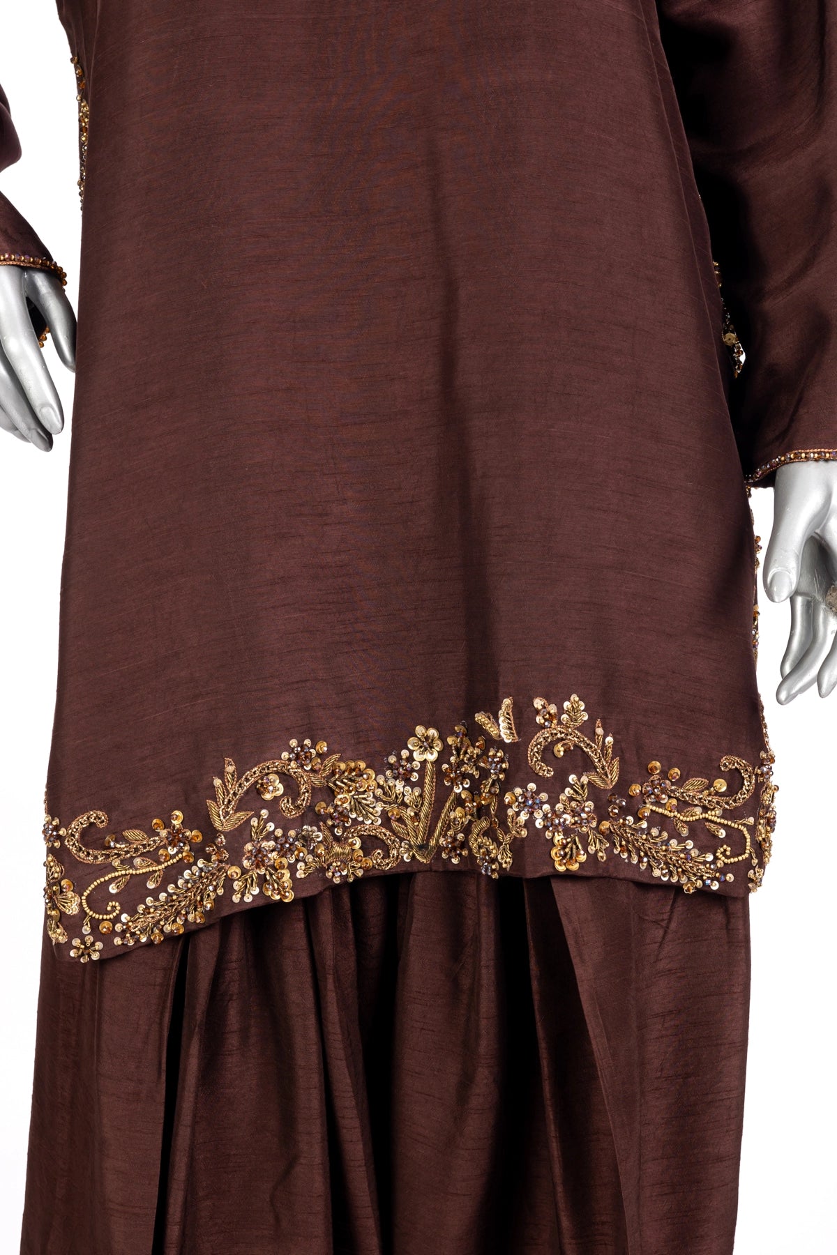 Nooré brown Korean silk Pakistani suit with handmade embroidery and Swarovski organza dupatta by MariamRaj