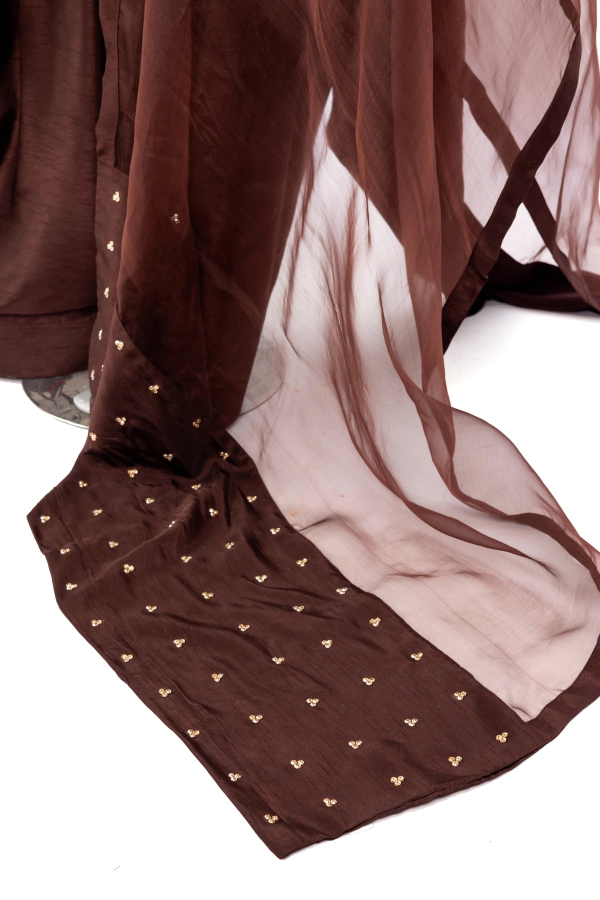 Nooré brown Korean silk Pakistani suit with handmade embroidery and Swarovski organza dupatta by MariamRaj