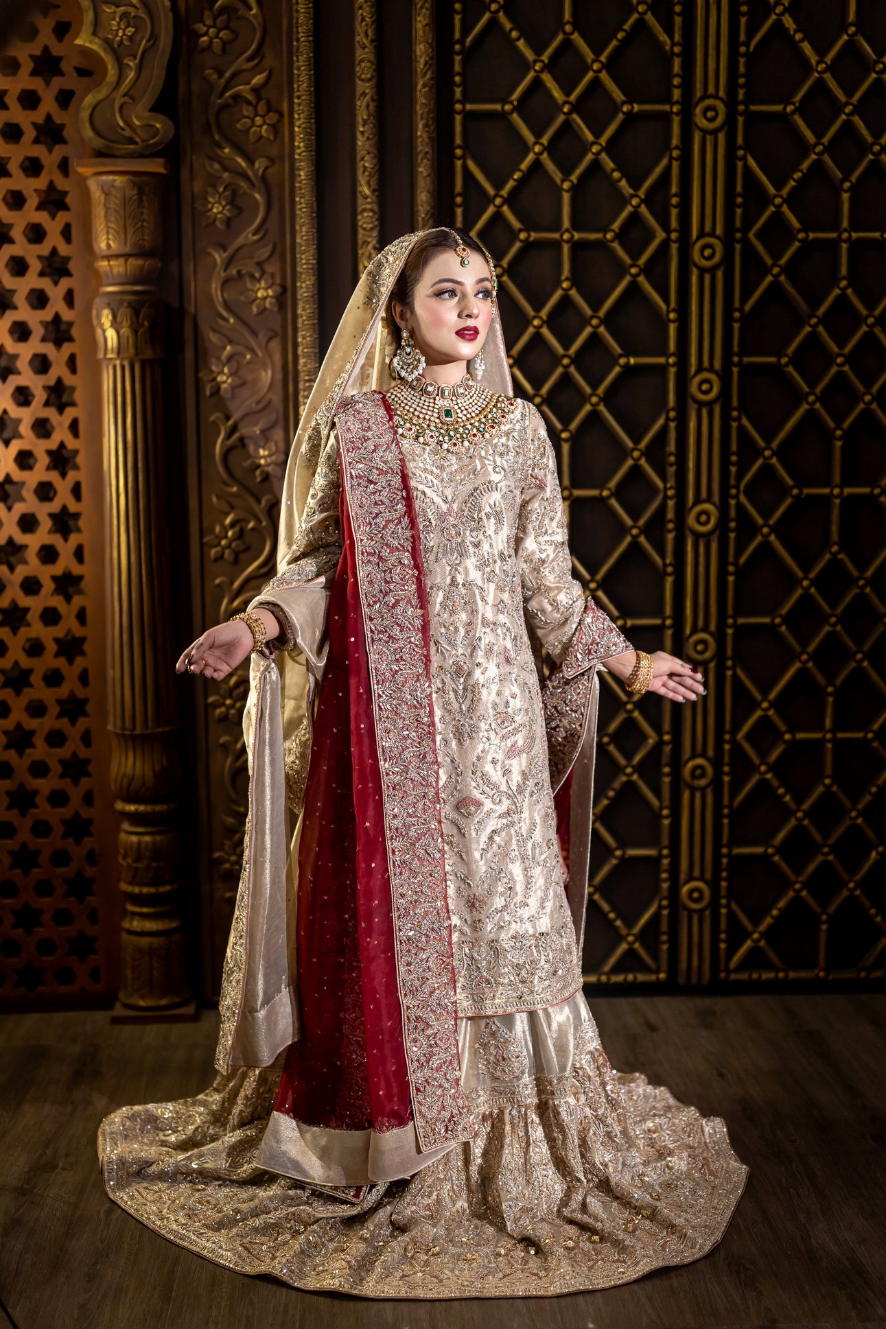Noorjehan – Order Bridal Gharara Set in Gold Tissue with Red Dupatta