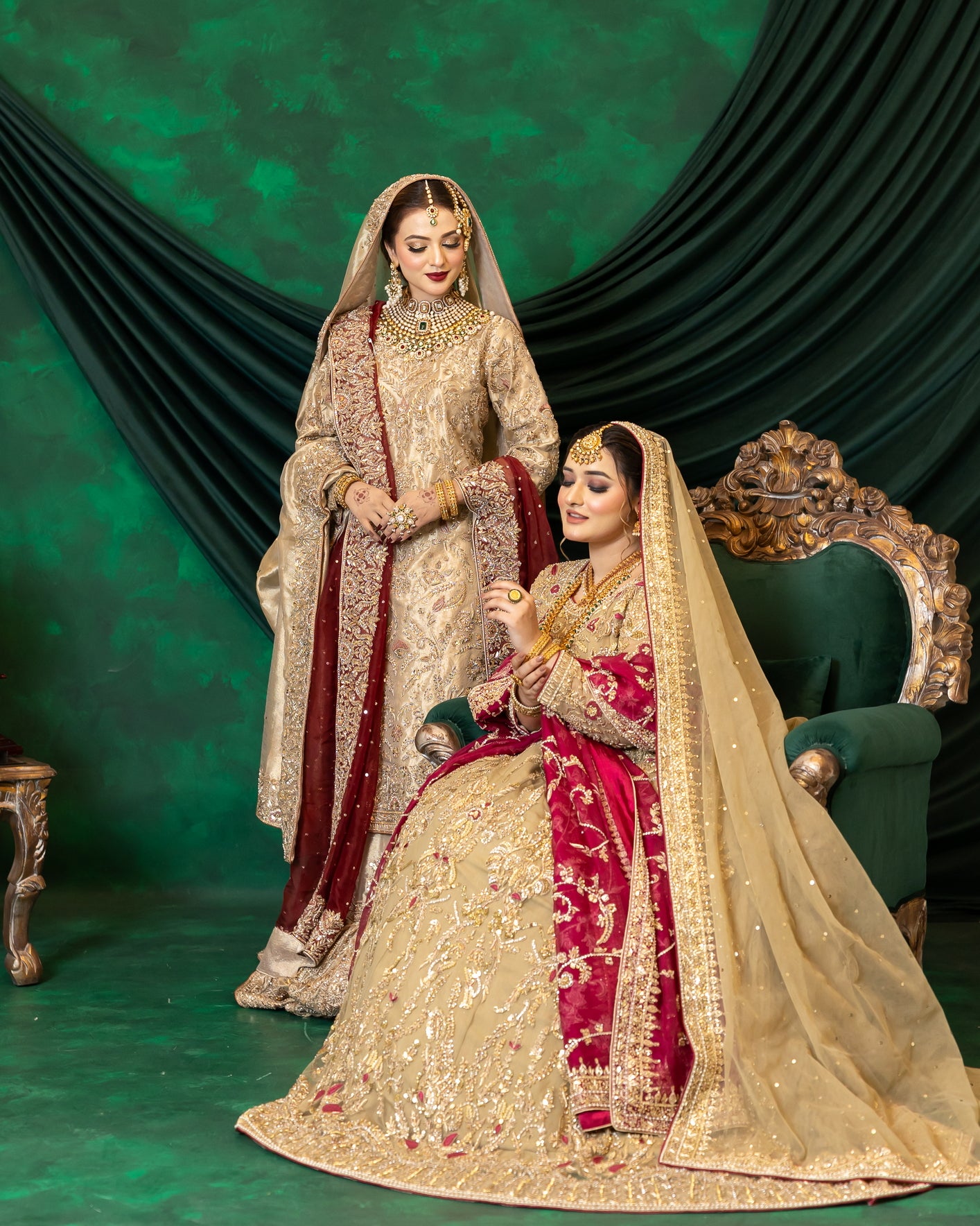 Noorjehan gold tissue bridal gharara set with red organza dupatta – Pakistani wedding outfit by MariamRaj.com.