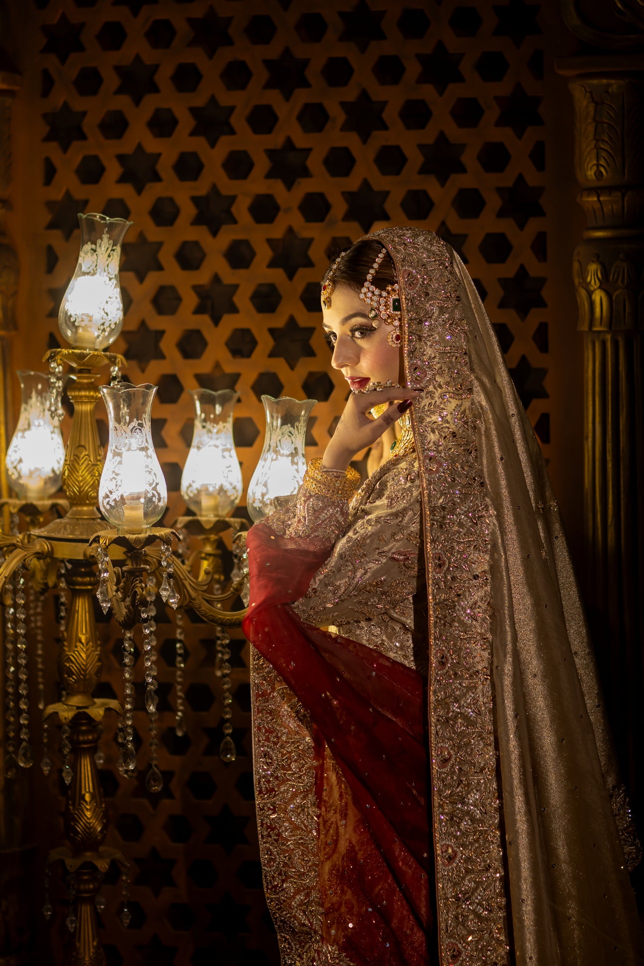 Noorjehan gold tissue bridal gharara set with red organza dupatta – Pakistani wedding outfit by MariamRaj.com.