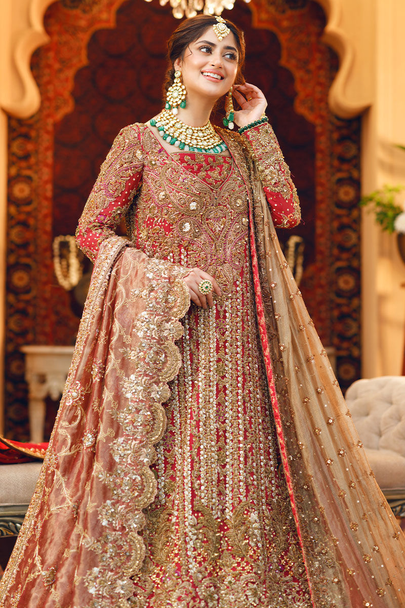 Noorsaba-Designer Red Bridal Chiffon Long shirt with intricate handwork