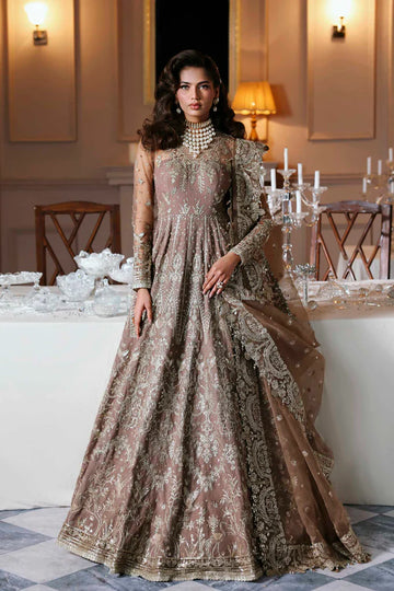 Noorzaib regal net embroidered bridal pishwas outfit with organza dupatta by Akbar Aslam, luxury couture for Pakistani brides at weddings and receptions.