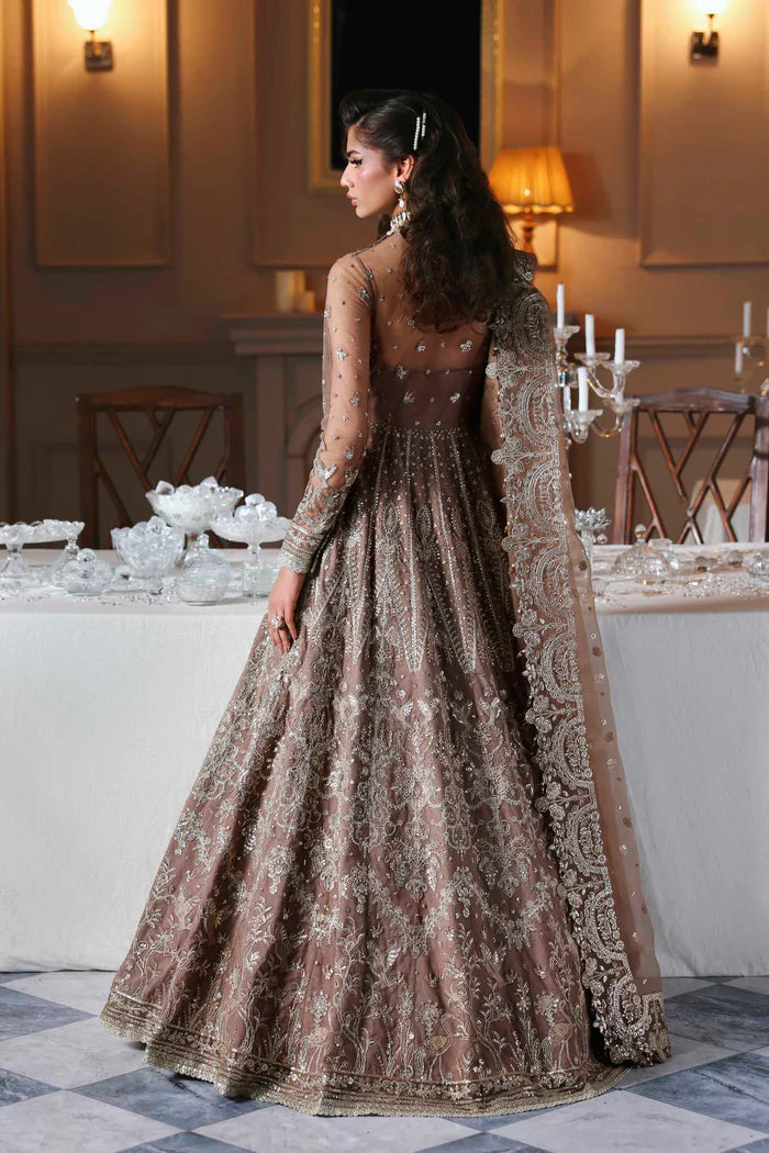 Noorzaib regal net embroidered bridal pishwas outfit with organza dupatta by Akbar Aslam, luxury couture for Pakistani brides at weddings and receptions.