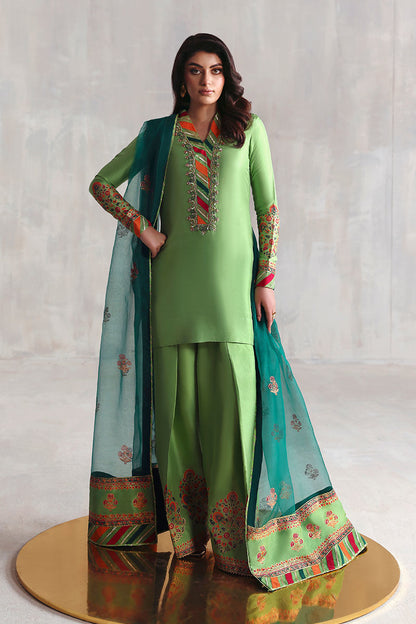 Green Pakistani block printed Korean raw silk suit with organza dupatta – 3-piece Eid outfit for women in USA, UK, Canada, and UAE.

