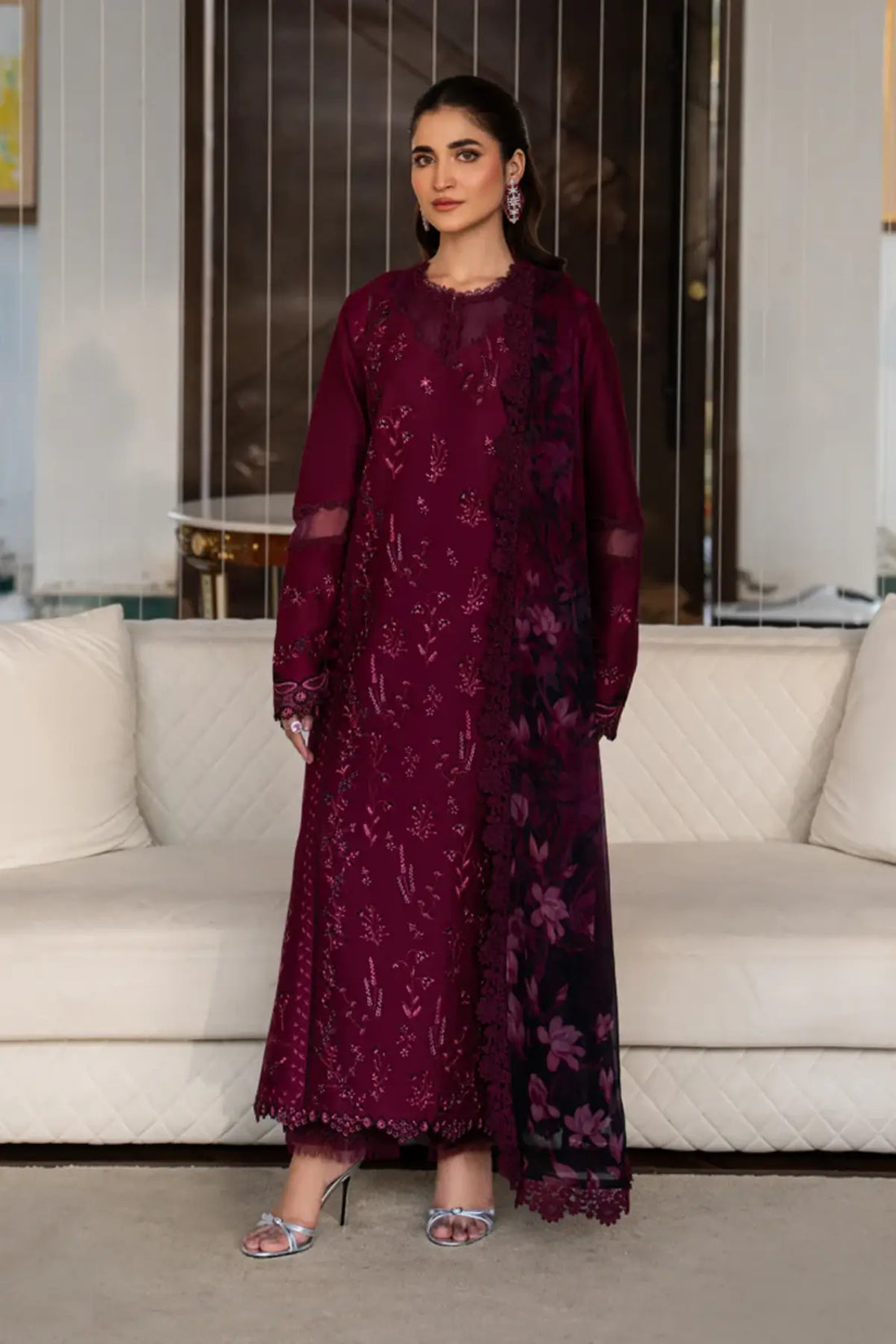 Nora burgundy stitched lawn suit by Rang Rasiya Carnation Eid Edit 2026 with Bamber chiffon dupatta