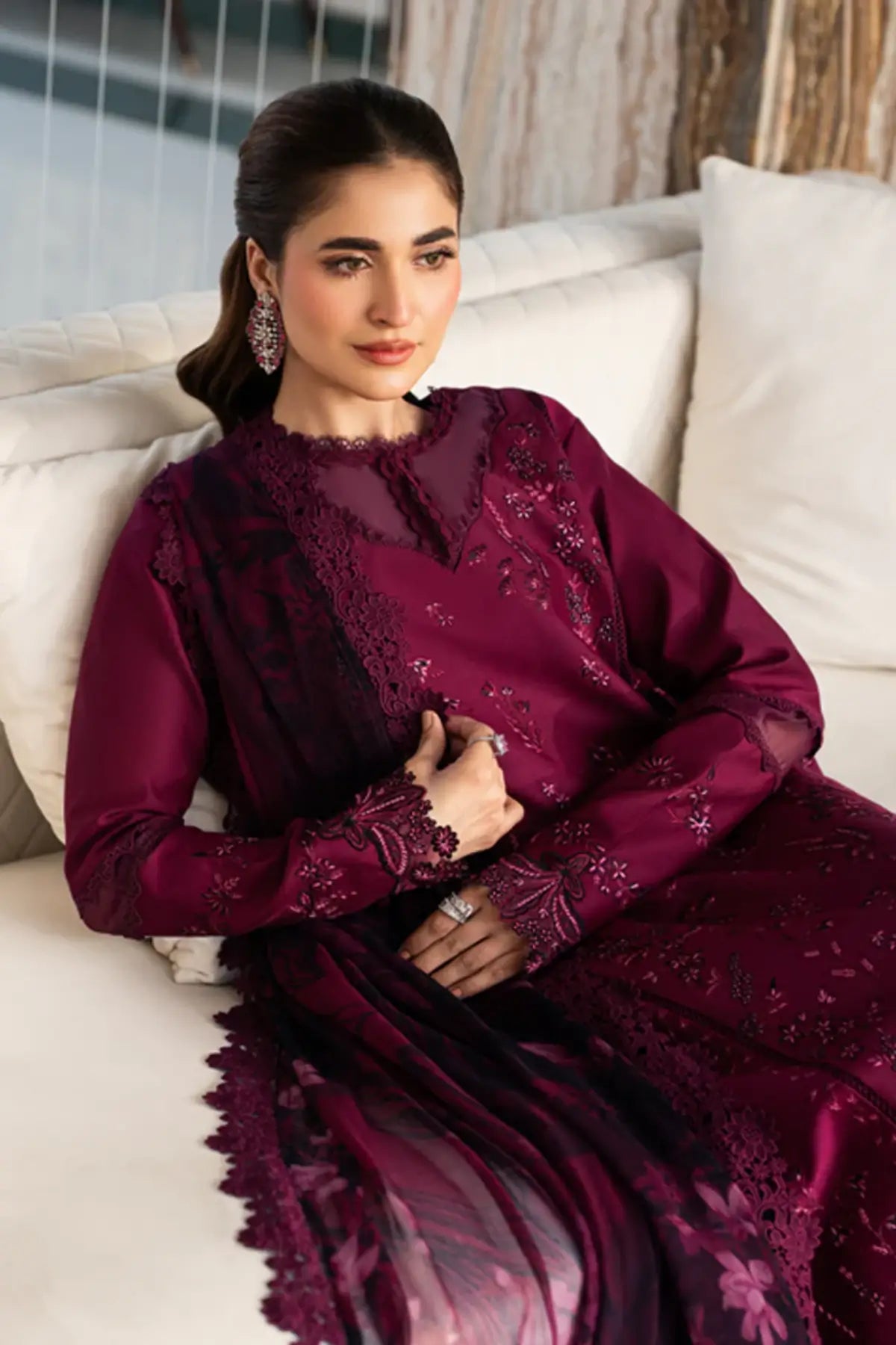 Nora burgundy stitched lawn suit by Rang Rasiya Carnation Eid Edit 2026 with Bamber chiffon dupatta