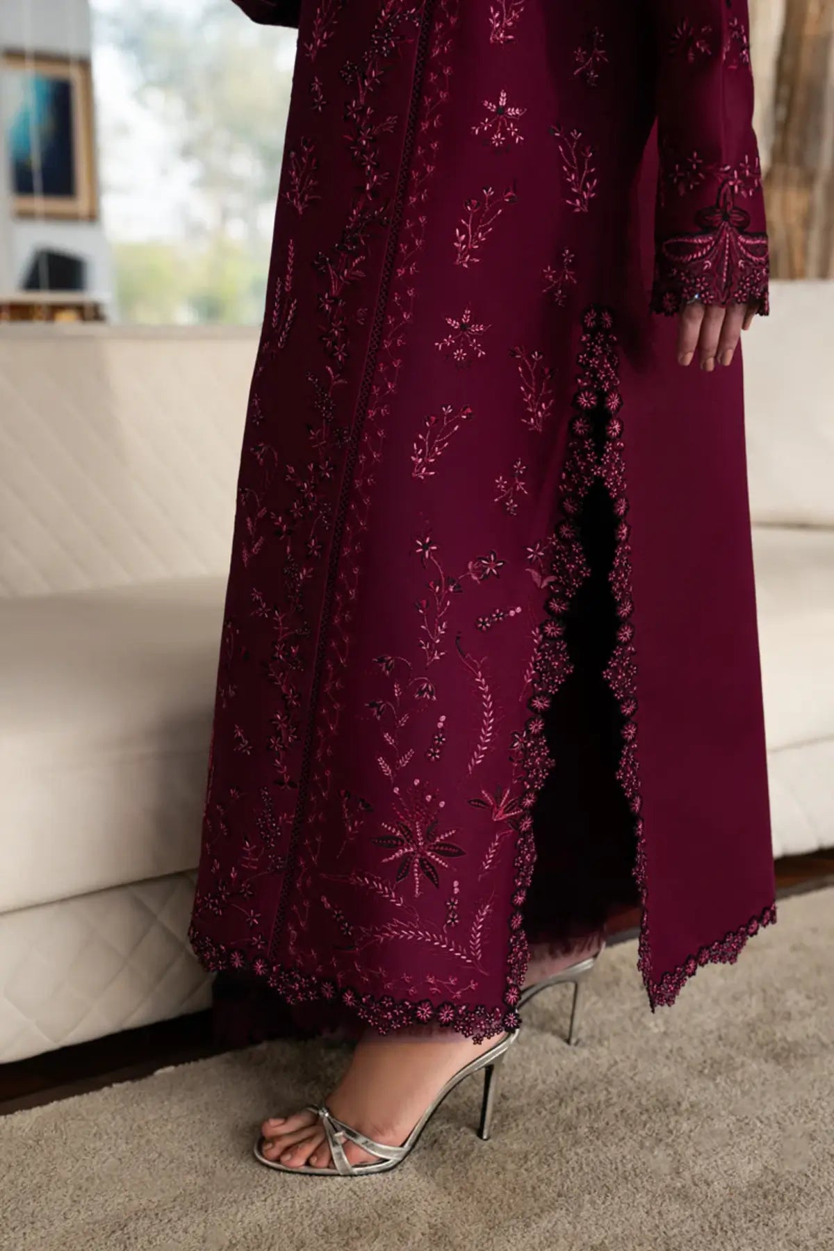 Nora burgundy stitched lawn suit by Rang Rasiya Carnation Eid Edit 2026 with Bamber chiffon dupatta