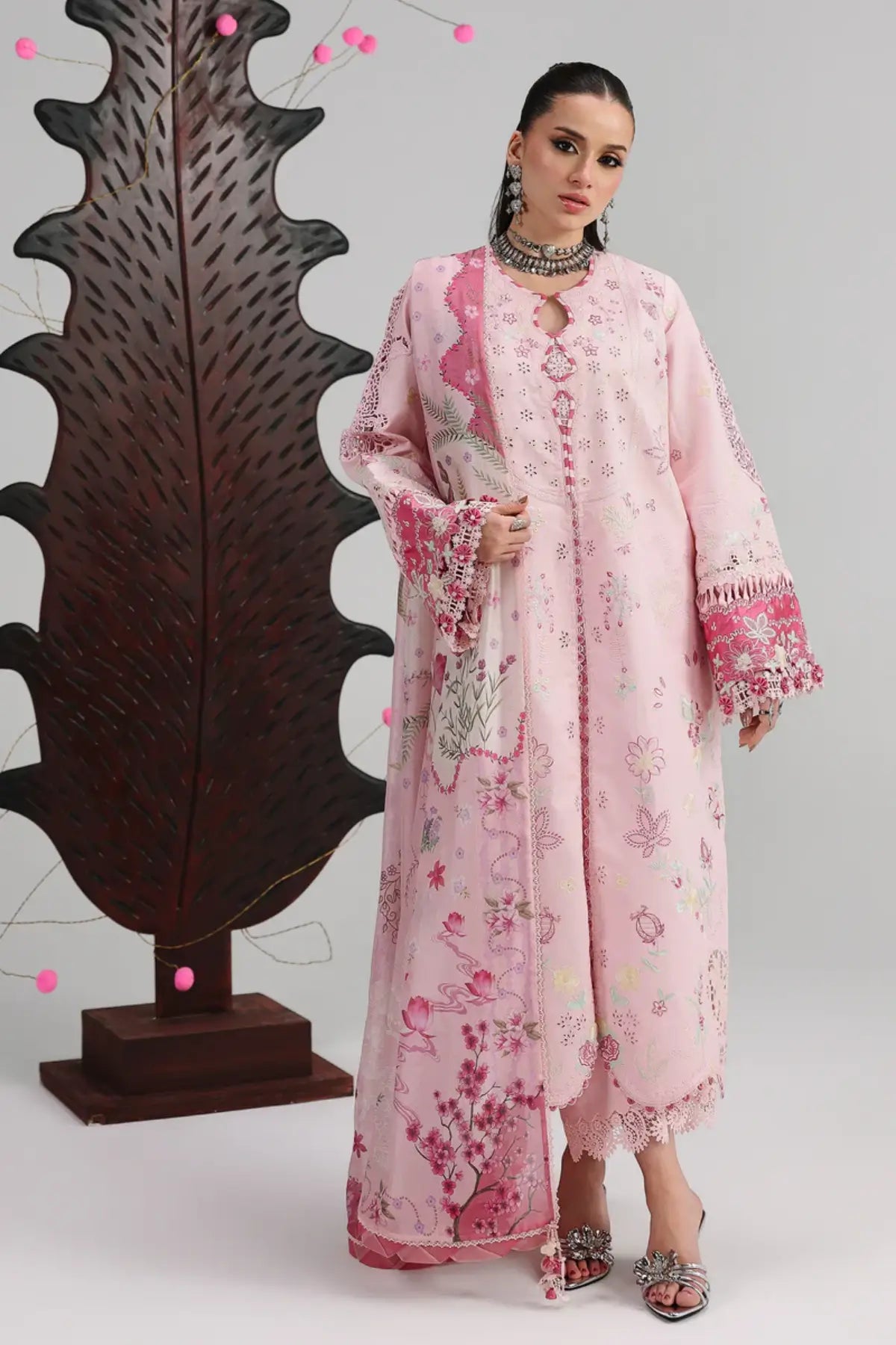 Norah QFL-04 pink embroidered lawn stitched 3PC suit with printed silk dupatta by Qalamkar