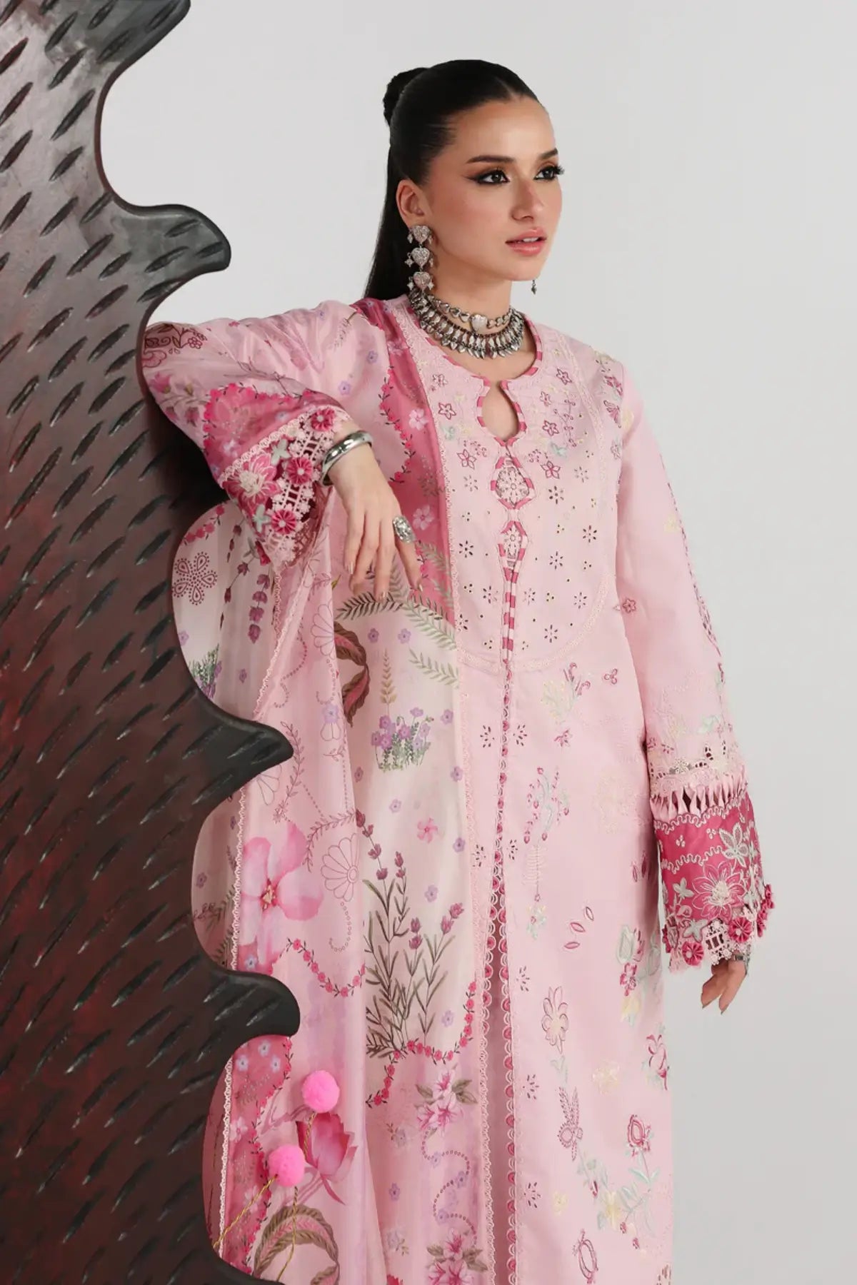Norah QFL-04 pink embroidered lawn stitched 3PC suit with printed silk dupatta by Qalamkar