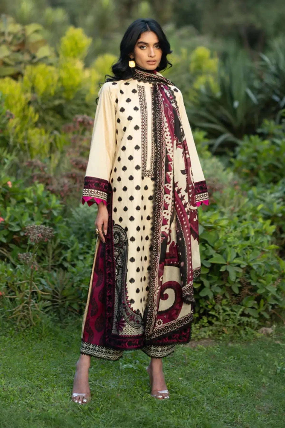 Nour 09 cream burgundy stitched lawn 3PC suit with silk dupatta by Zainab Chottani Pakistanimoda
