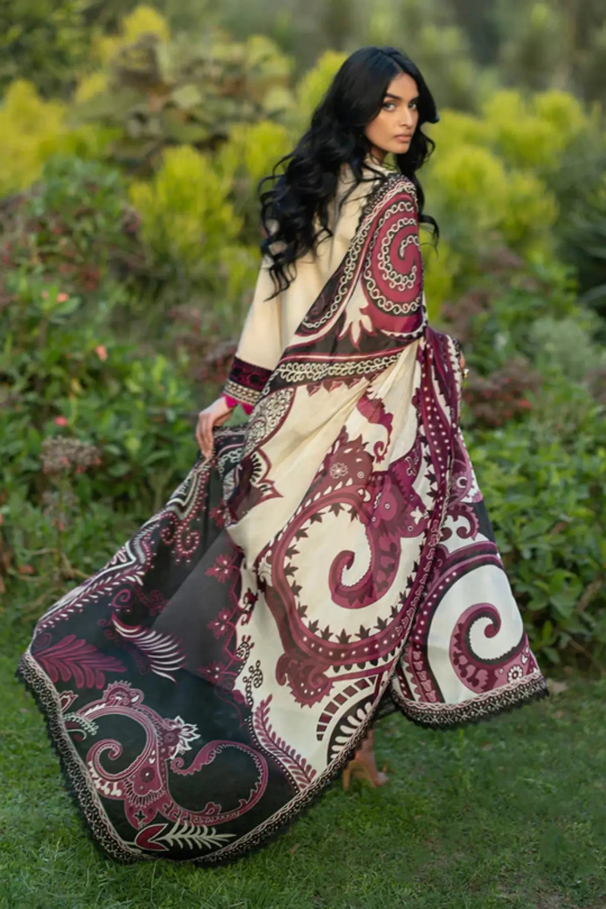Nour 09 cream burgundy stitched lawn 3PC suit with silk dupatta by Zainab Chottani Pakistanimoda