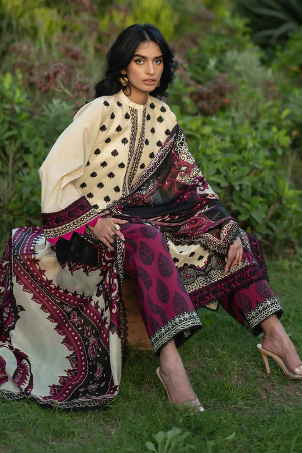 Nour 09 cream burgundy stitched lawn 3PC suit with silk dupatta by Zainab Chottani Pakistanimoda