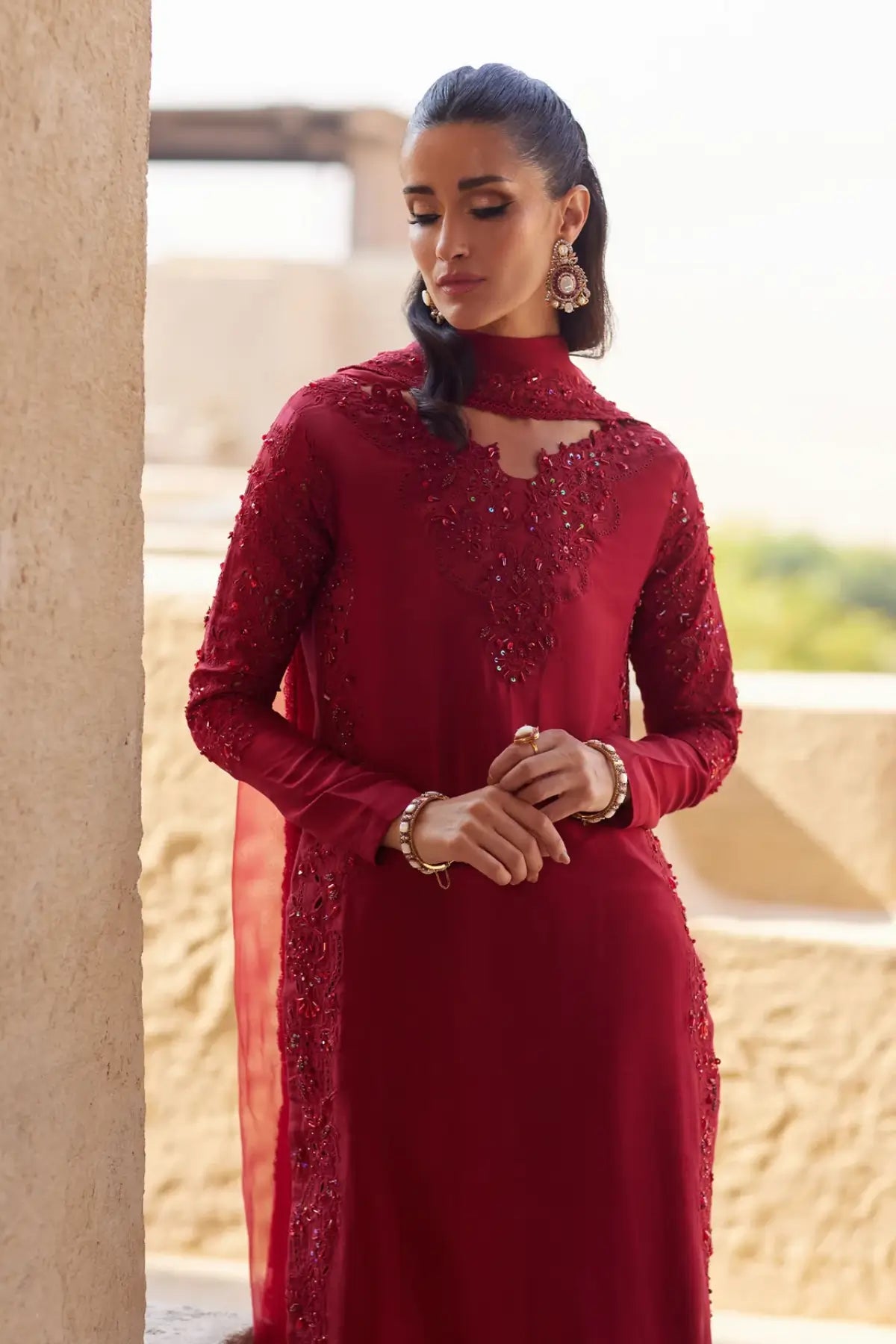 Nour by Kanwal Malik Ghina luxury pret red embroidered raw silk suit with organza dupatta Pakistanimoda