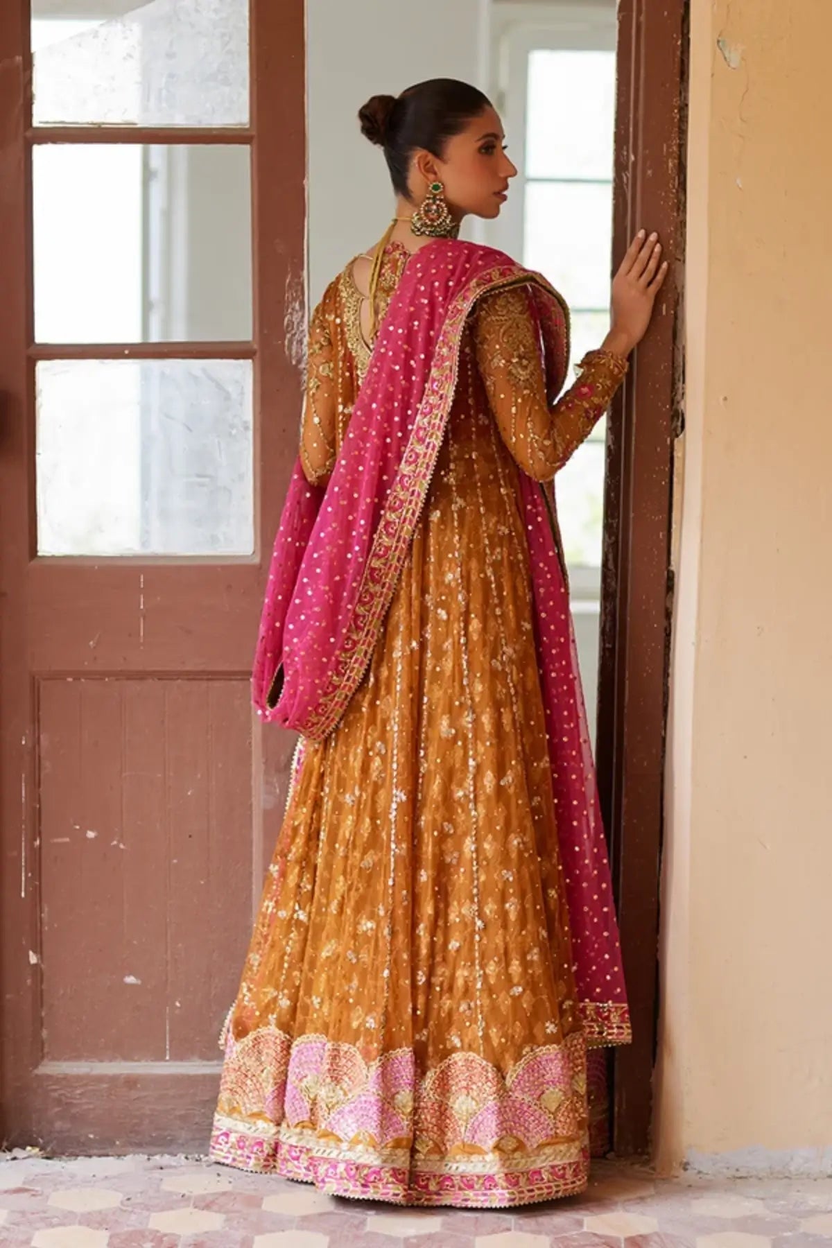 Nour Saffron Gold Pakistani Formal Net Pishwas with Zardozi Handwork, Jamawar Lehenga, Pink Net Dupatta and Embellished Potli Pouch