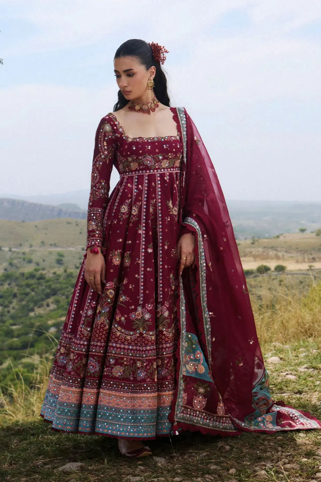 Nousheen Hussain Rehar Maroon Lawn Stitched Anarkali Suit with Embroidered Organza Dupatta